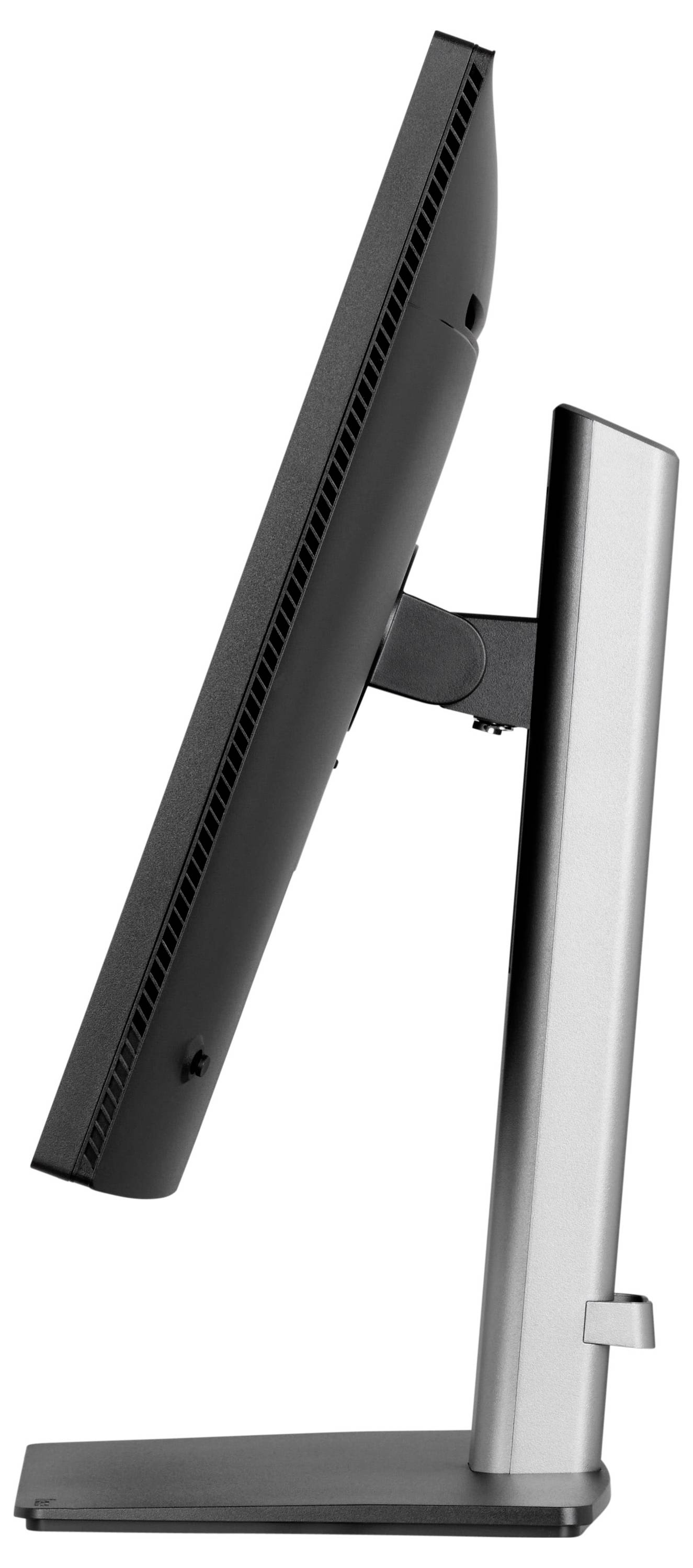 Eine Seitenansicht eines eleganten, modernen Computermonitors mit einem dünnen Metallständer, der sein schlankes Design und die minimalistische Ästhetik zur Schau stellt.