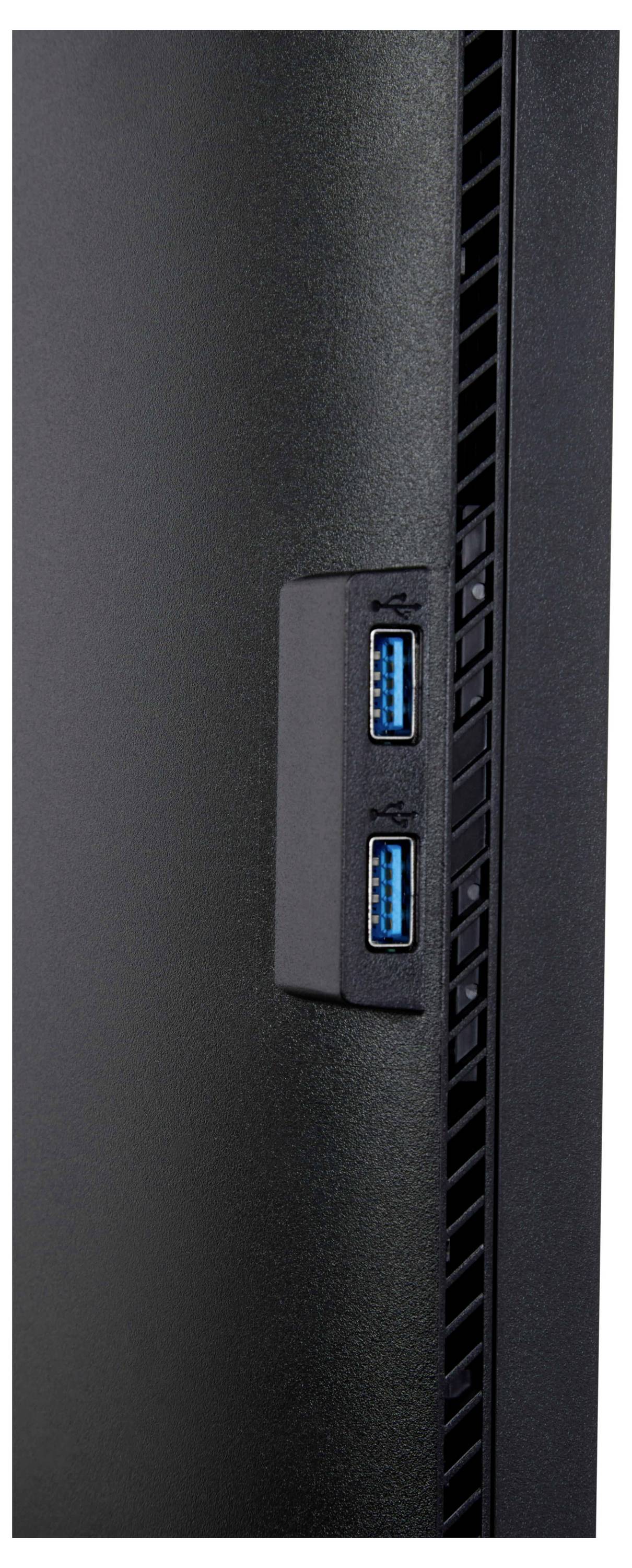 „Nahaufnahme der Seite eines schwarzen Computermonitors mit zwei blauen USB-Anschlüssen für die Konnektivität.