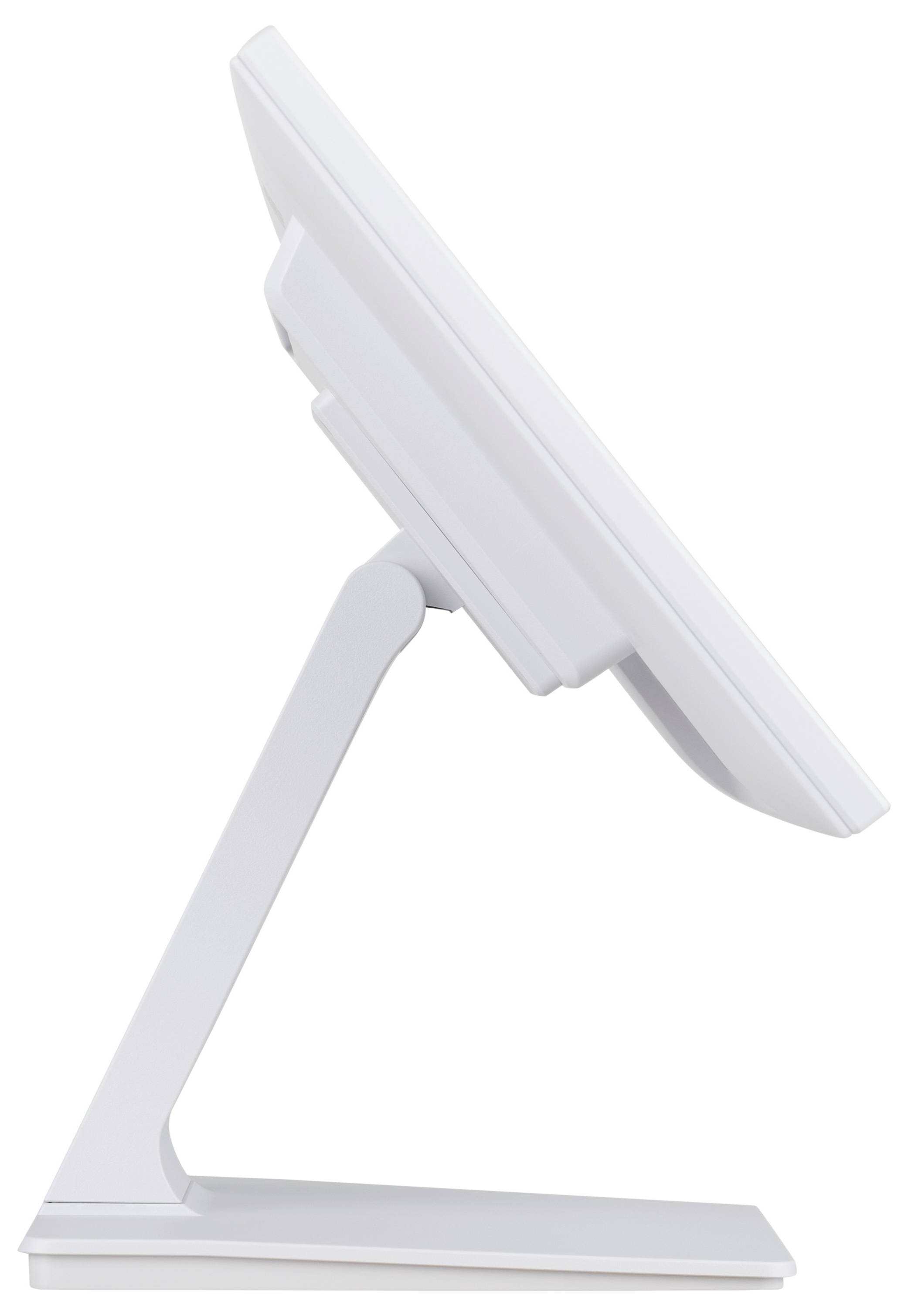 Eine Seitenansicht eines schlanken, modernen Computermonitors mit einem minimalistischen, kantigen Ständer, positioniert vor einem einfachen weißen Hintergrund.