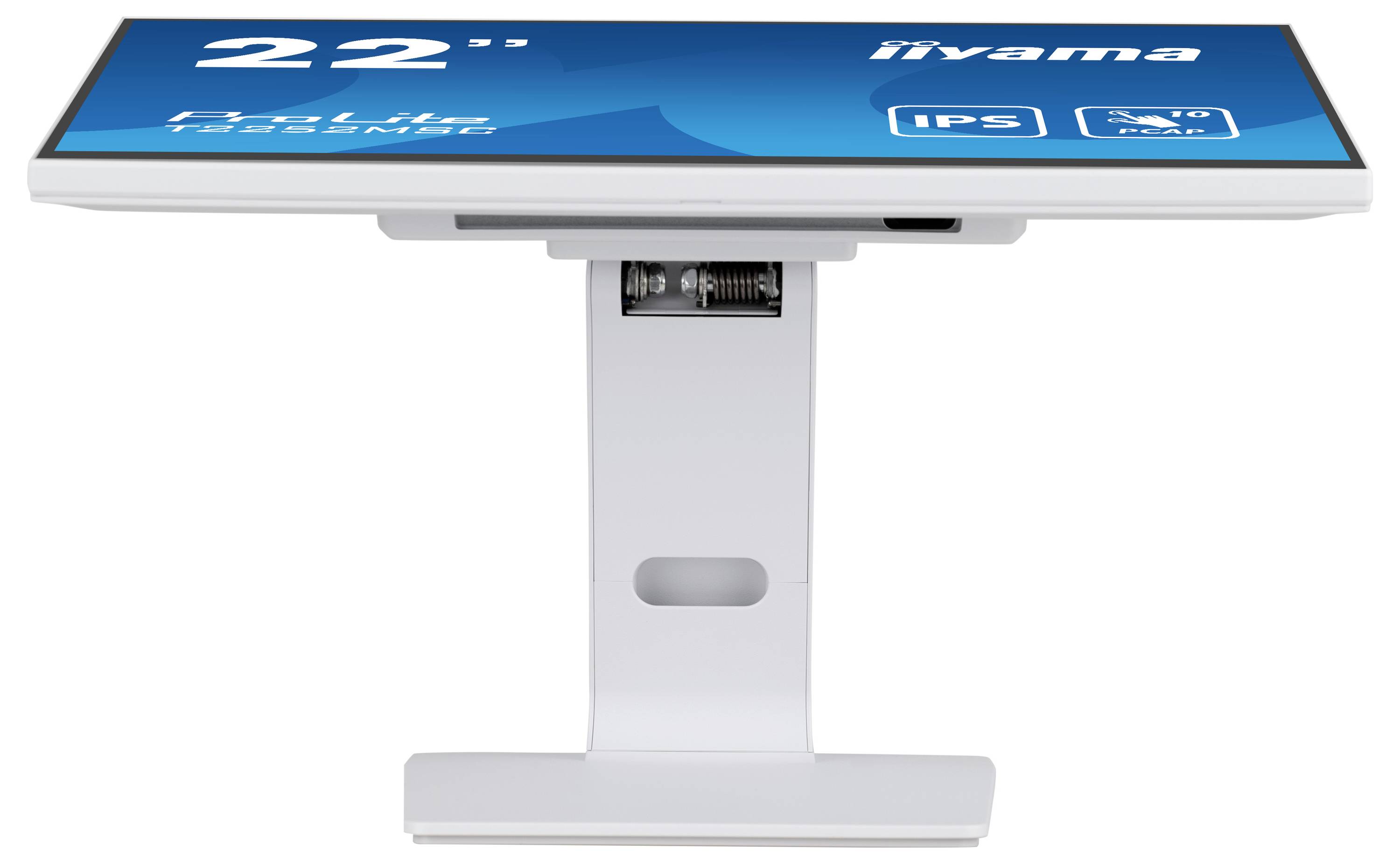 Ein flacher, breitbildiger Monitor, von der Seite auf einem Ständer betrachtet; die Anzeige zeigt „22