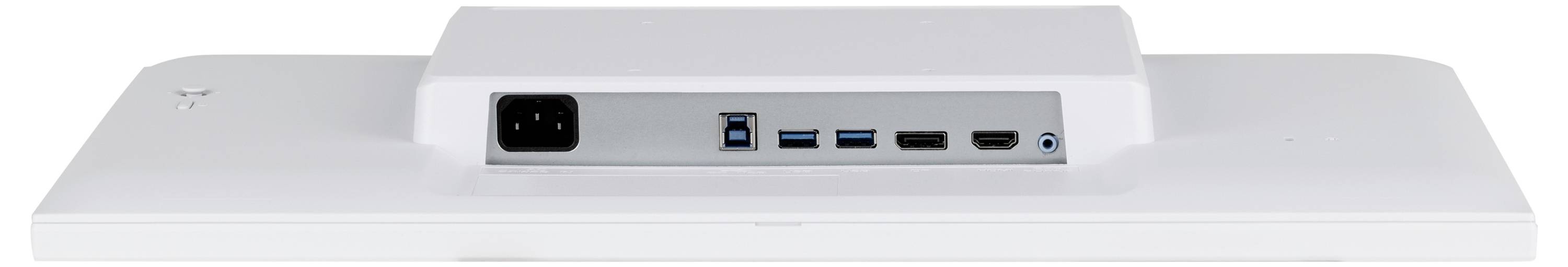 Rückansicht eines weißen Monitors mit Stromeingang, USB-Anschlüssen, HDMI und Kopfhörerbuchse.