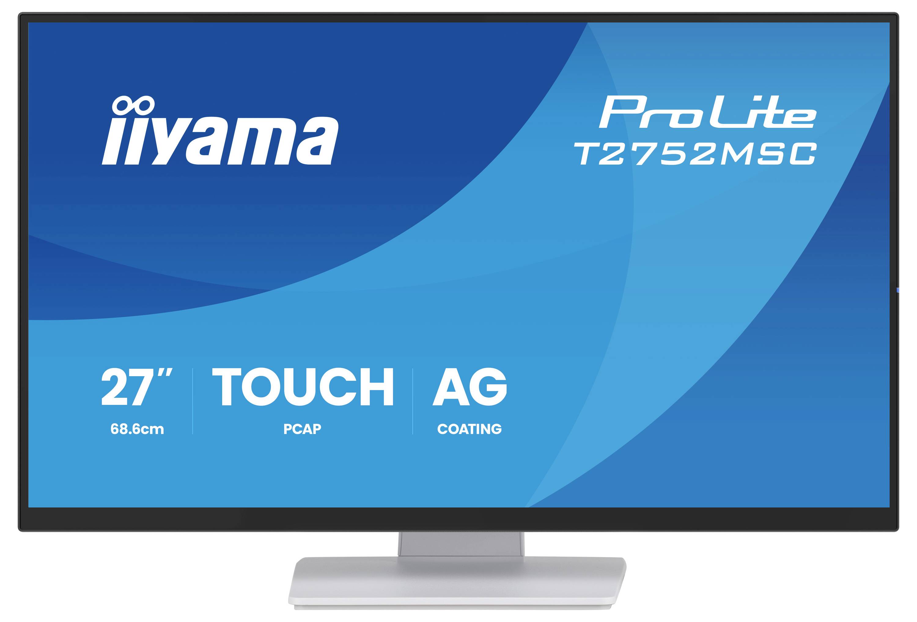 iiyama ProLite T2752MSC Touchscreen-Monitor, 27 Zoll, PCAP-Technologie, entspiegelte Beschichtung, auf blauem Hintergrund dargestellt.