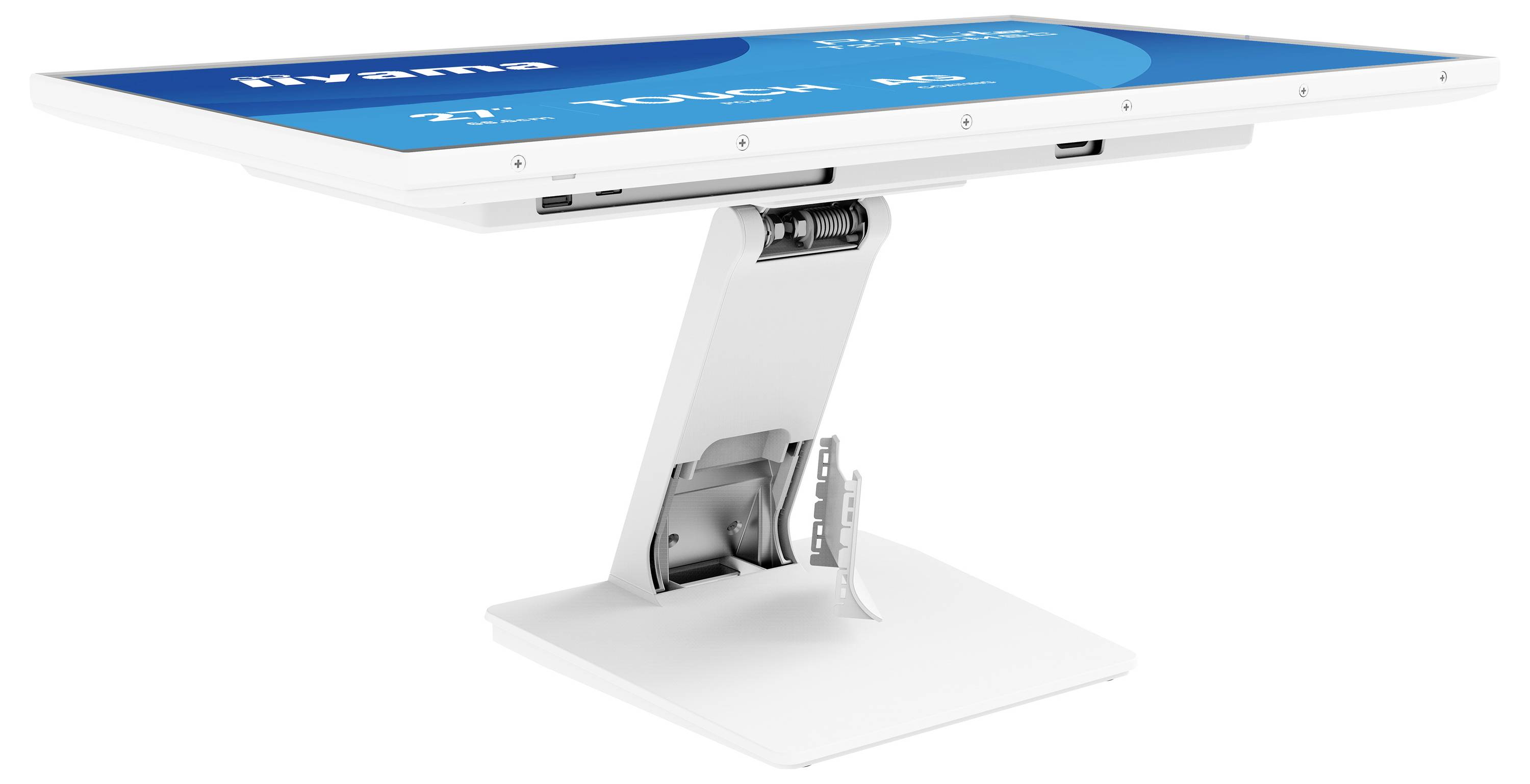 Die Ecke eines Computermonitors mit blauem Bildschirm, auf dem der Text „27