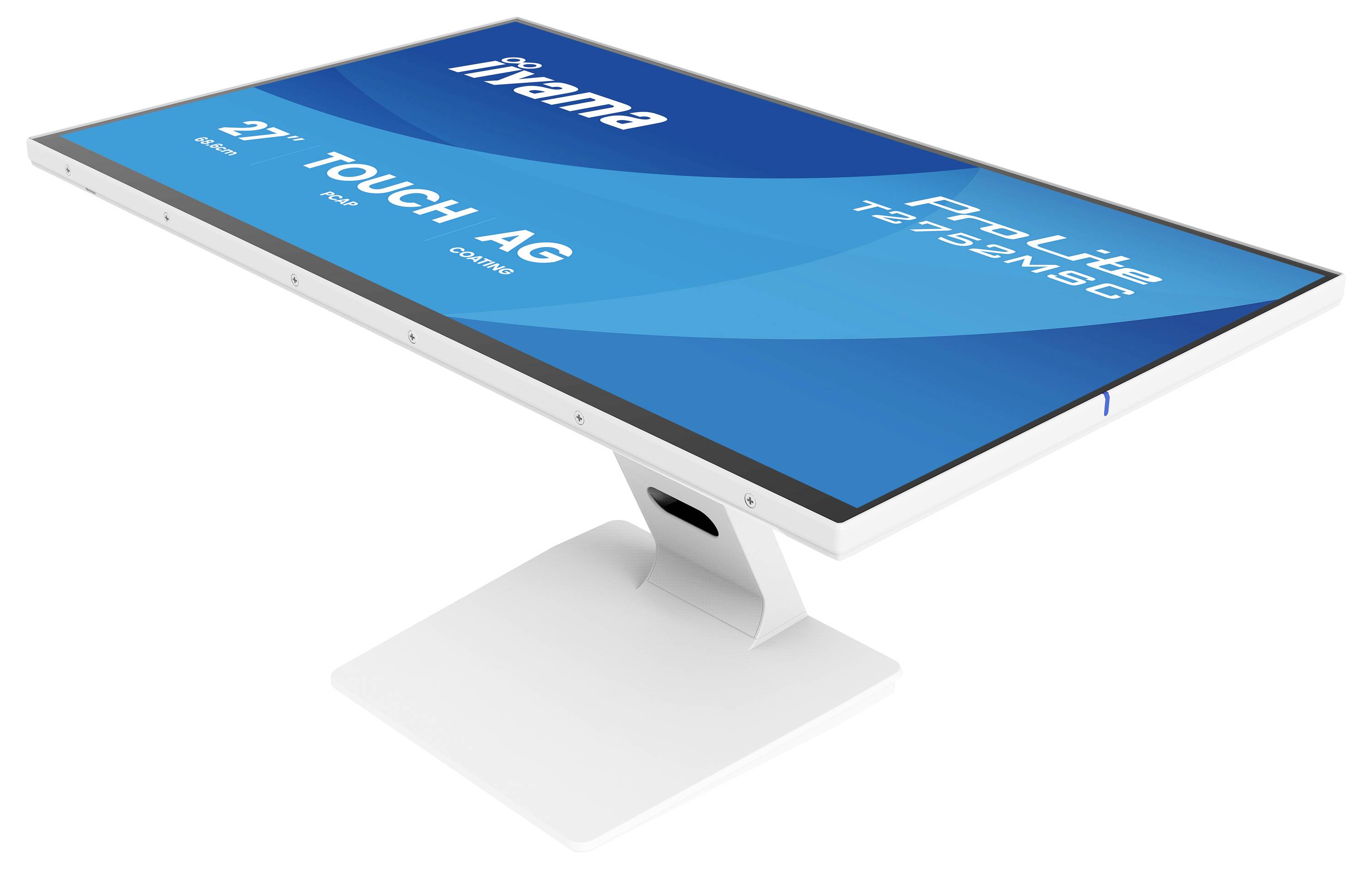 Ein flacher, weißer Computermonitor mit blauem Bildschirm und Text „iiyama ProLite T2735MSC