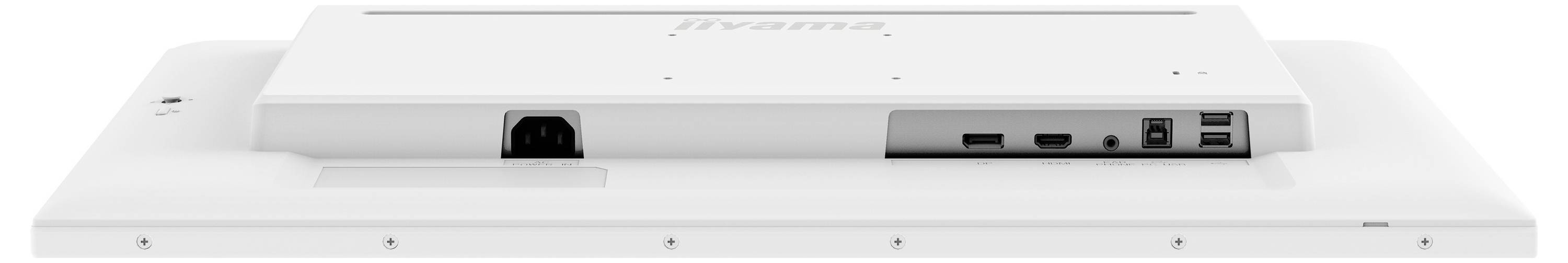 Rückansicht eines flachen rechteckigen Monitors mit verschiedenen Anschlüssen, einschließlich Stromversorgung, HDMI, Audio- und USB-Anschlüssen an der Seite.