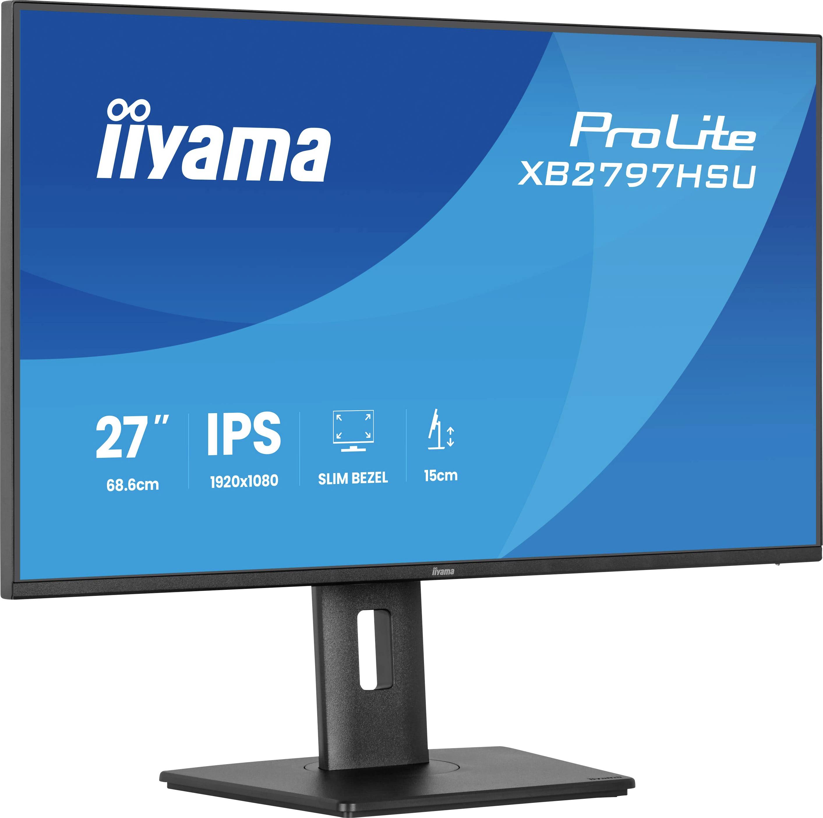 Monitorbildschirm zeigt iiyama ProLite XB2797HSU; Merkmale umfassen 27-Zoll-Größe, IPS-Panel, 1920x1080-Auflösung, schmaler Rahmen.