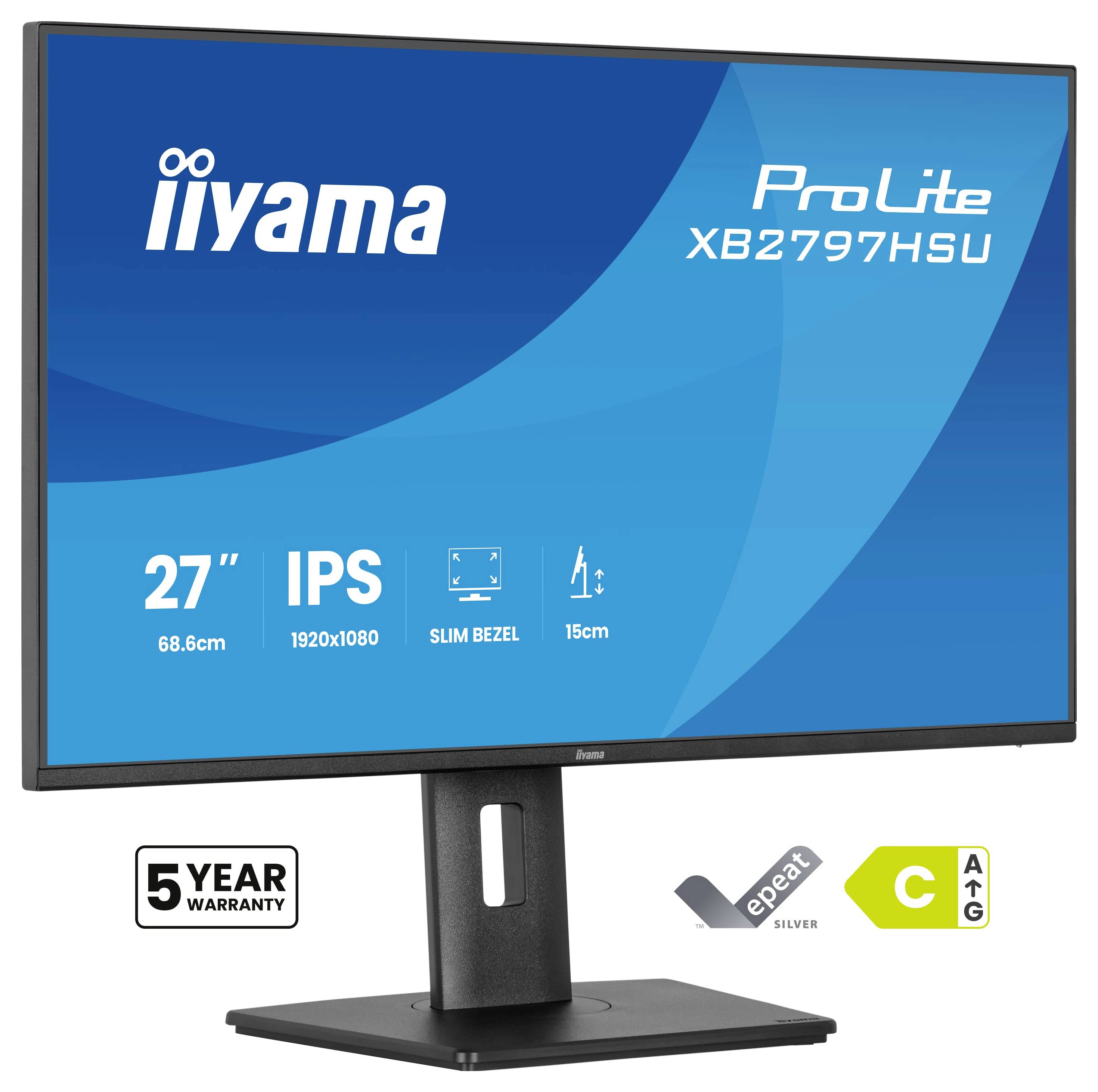 iiyama ProLite XB2797HSU Monitor, 27-Zoll, 1920x1080 Auflösung, IPS, schlanker Rahmen, mit 5-Jahres-Garantie und Energieeffizienzklasse „C