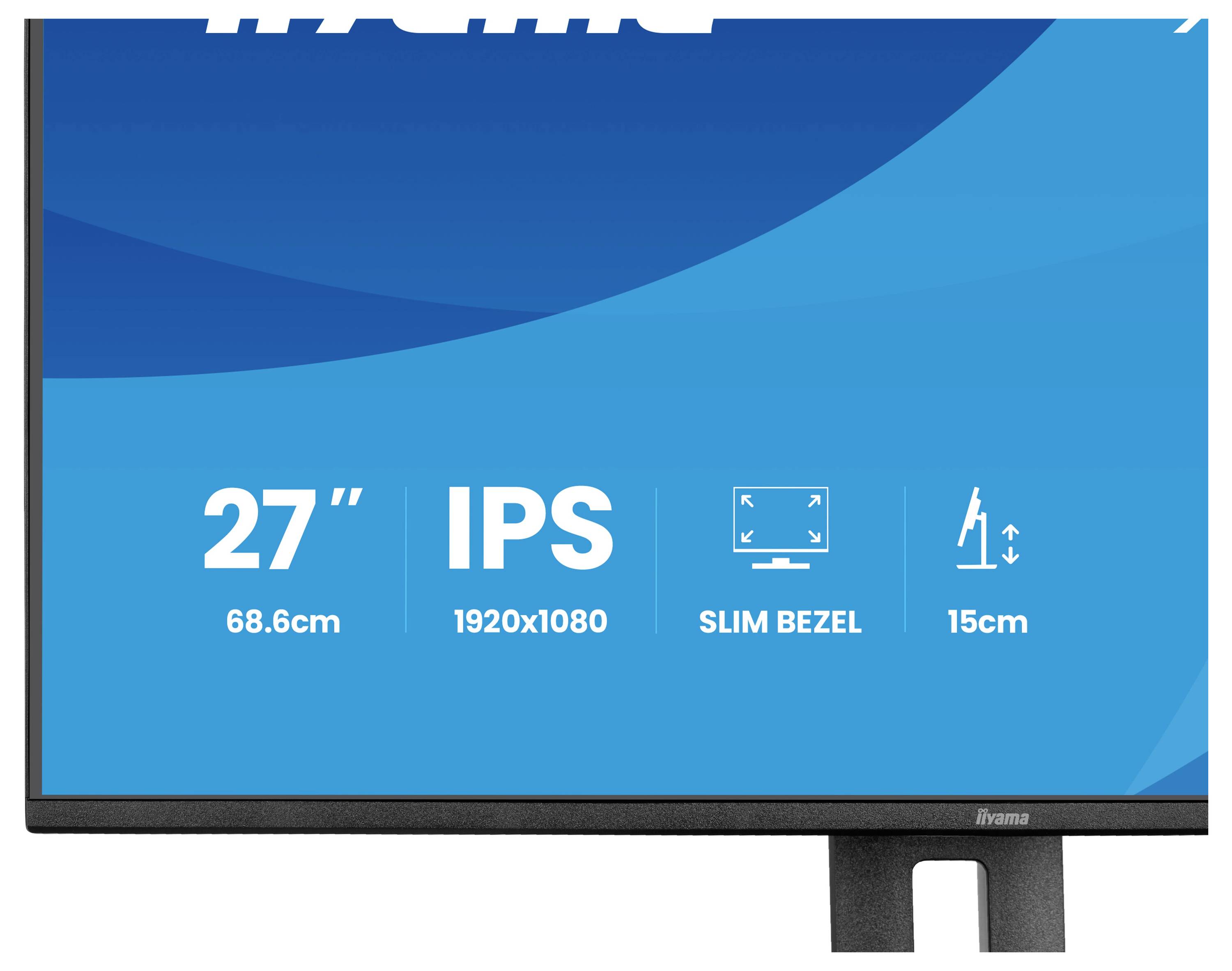 Monitorbildschirm mit Spezifikationen: 27-Zoll-Bildschirm, 1920x1080 IPS-Display, schmaler Rahmen, 15 cm Neigungsverstellung.
