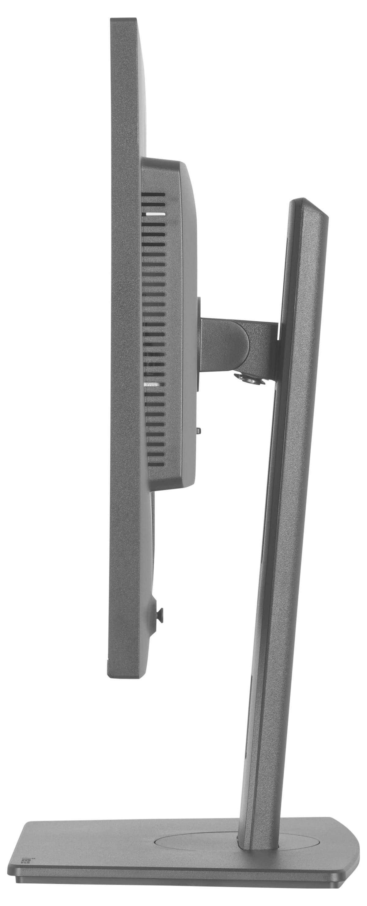 Seitenansicht eines grauen Computermonitors mit verstellbarem Ständer, der sein schlankes Design und die Neigungsfunktionalität zeigt.