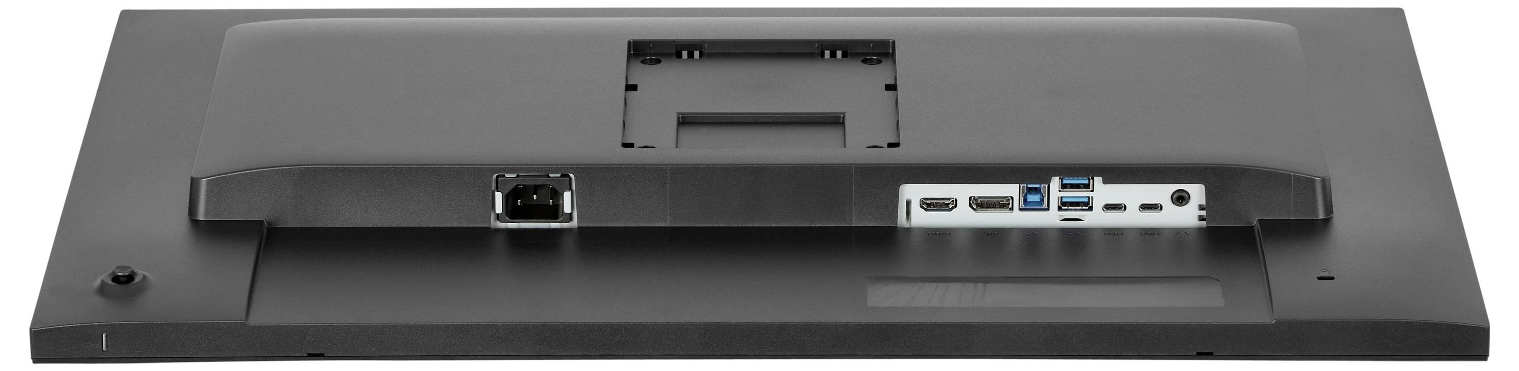 Das Bild zeigt die Rückseite eines grauen IIYAMA-Computermonitors mit einem Ständer. Es sind keine Anschlüsse oder Kabel sichtbar.