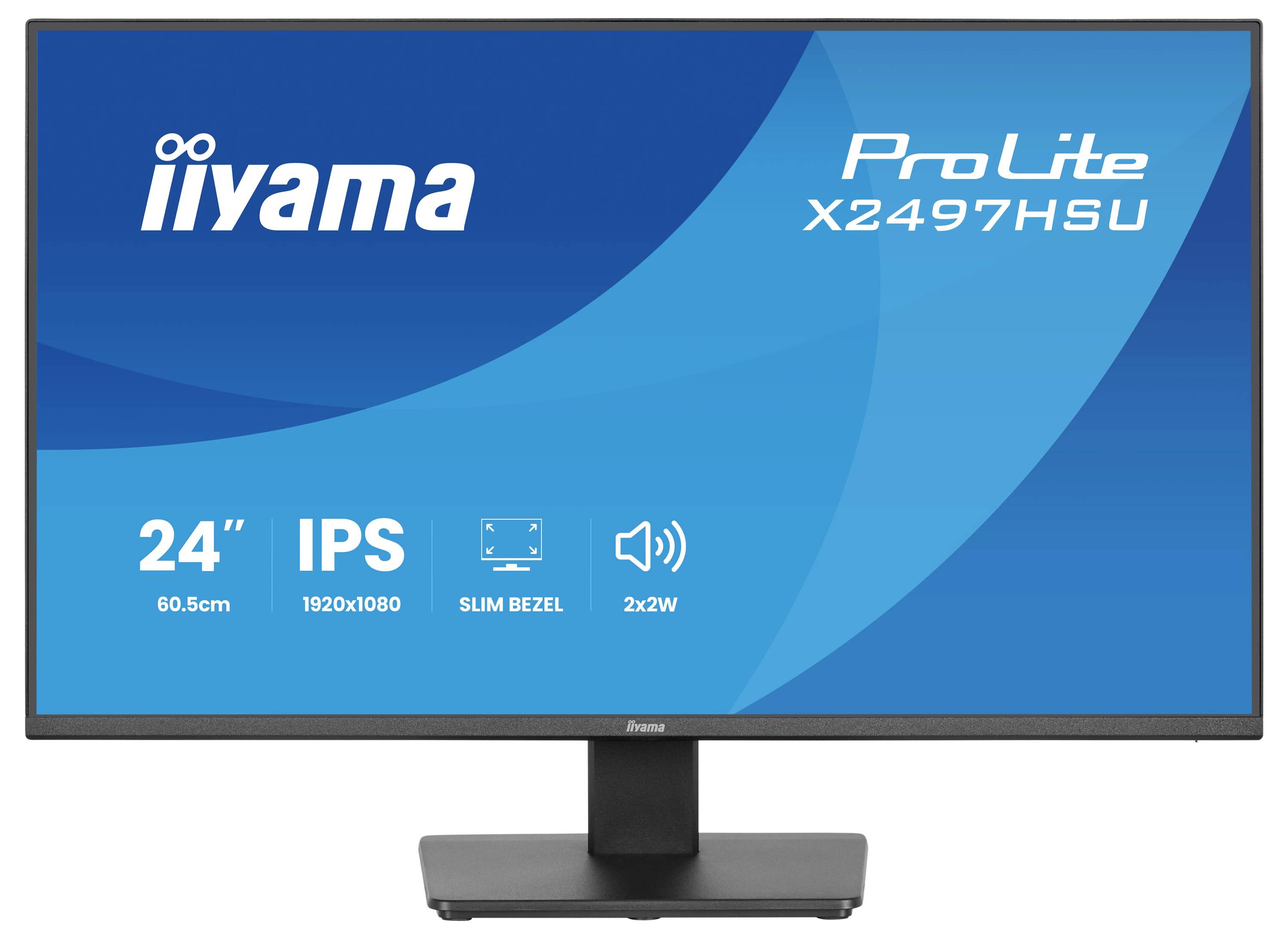 Monitor zeigt Text: 'iiyama ProLite X2497HSU' mit Funktionen: '24
