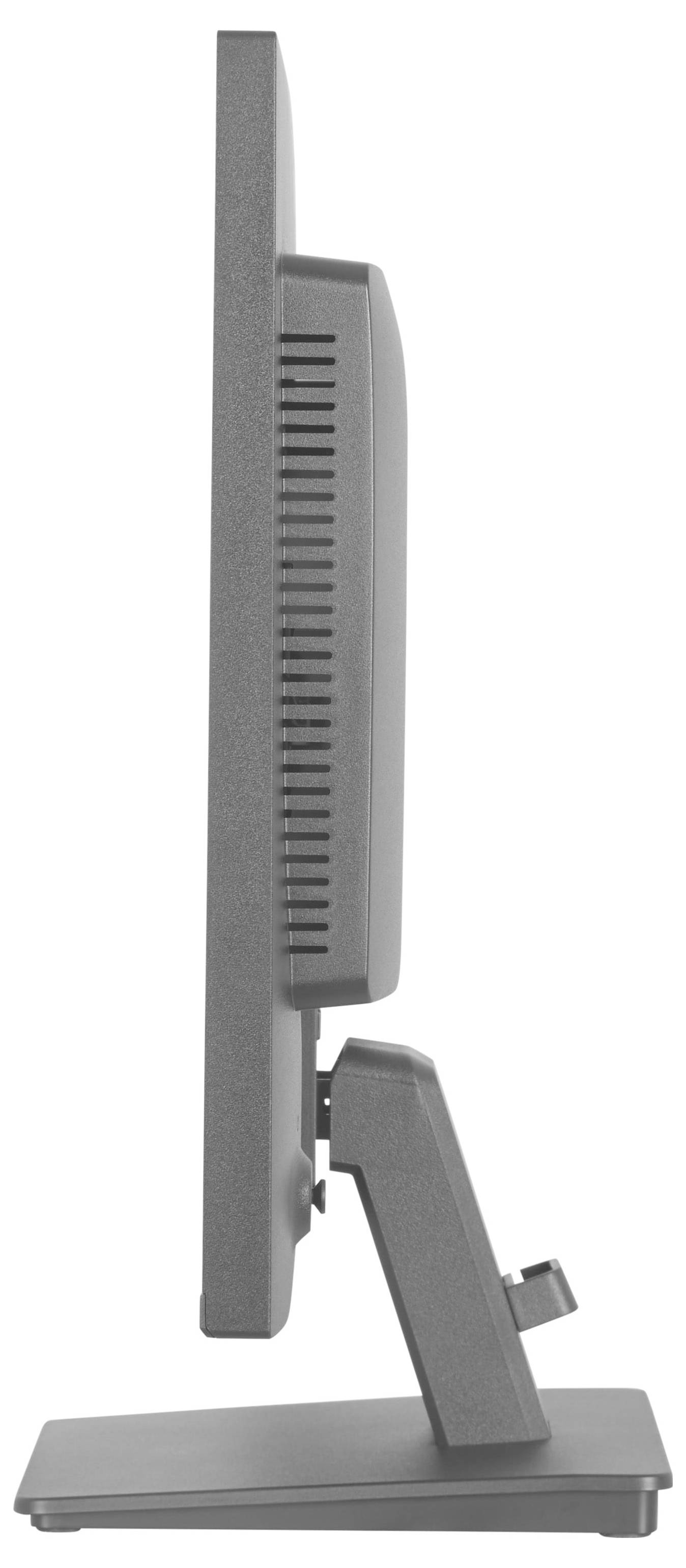 Ein schwarzer Computermonitor von hinten zu sehen, mit einem rechteckigen Ständer mit verstellbarem Scharnier und Tastatursteuerungen auf der linken Seite.