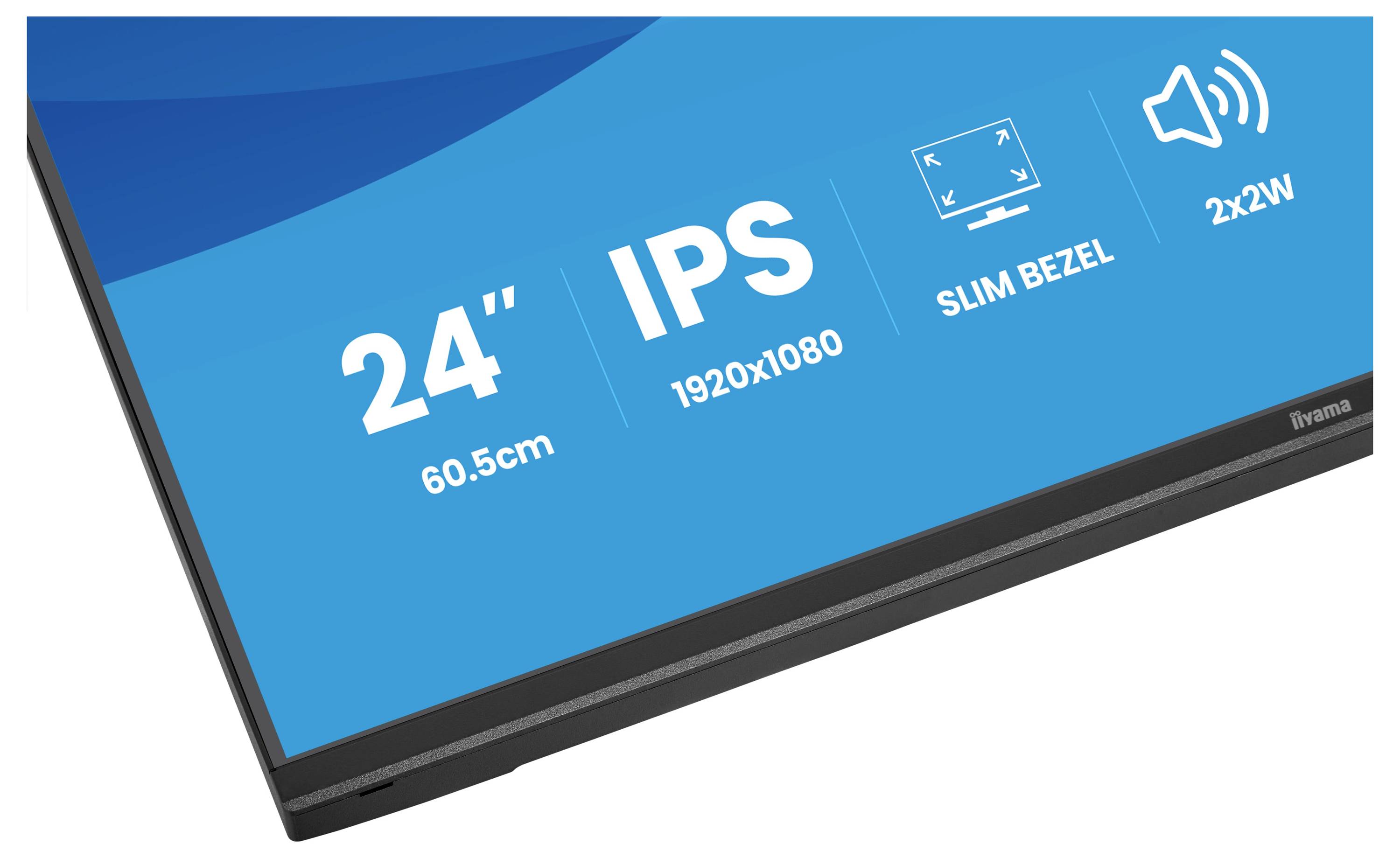 Seitenansicht eines schwarzen Computermonitors auf einem Ständer, die sein schlankes Profil zeigt.