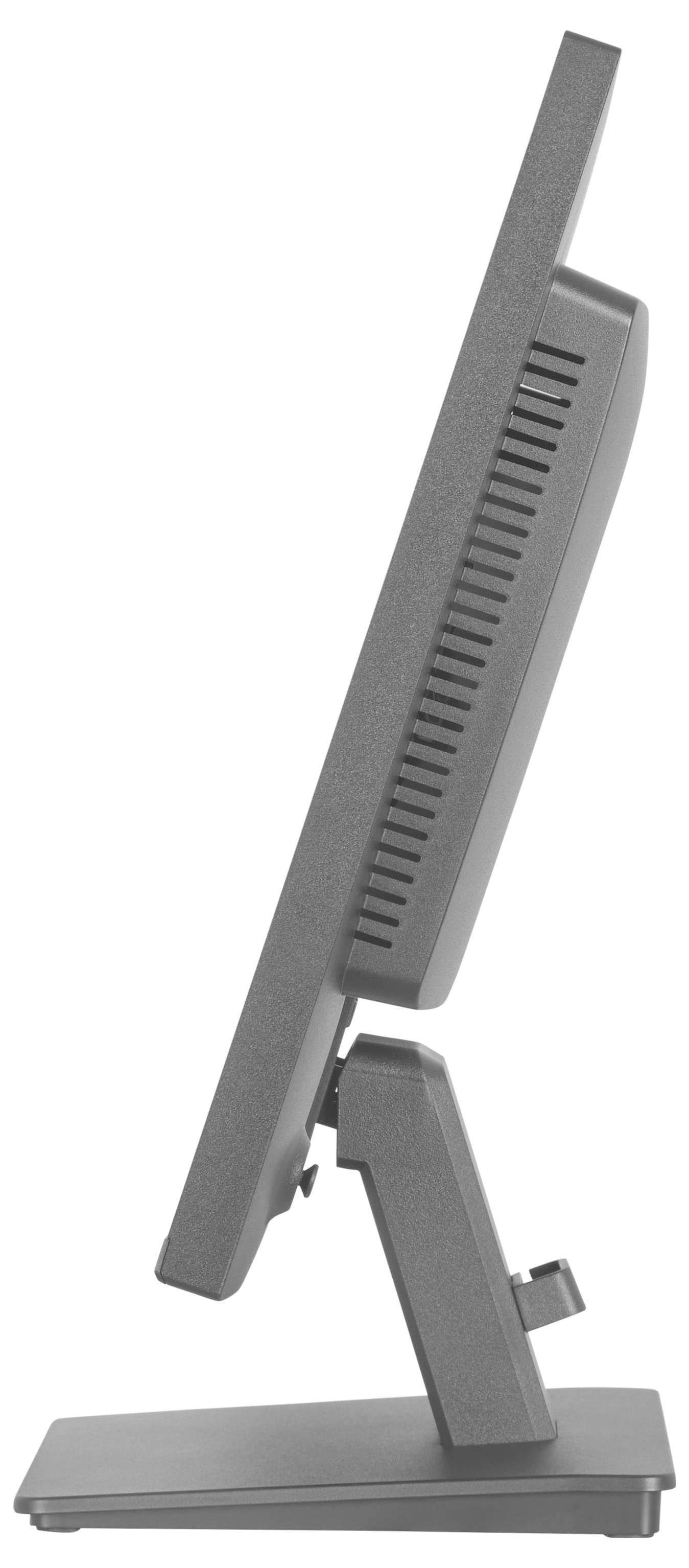 Eine Seitenansicht eines eleganten, modernen Computerbildschirms mit einem verstellbaren Ständer, der leicht nach vorne geneigt ist, um optimale Betrachtung zu ermöglichen.