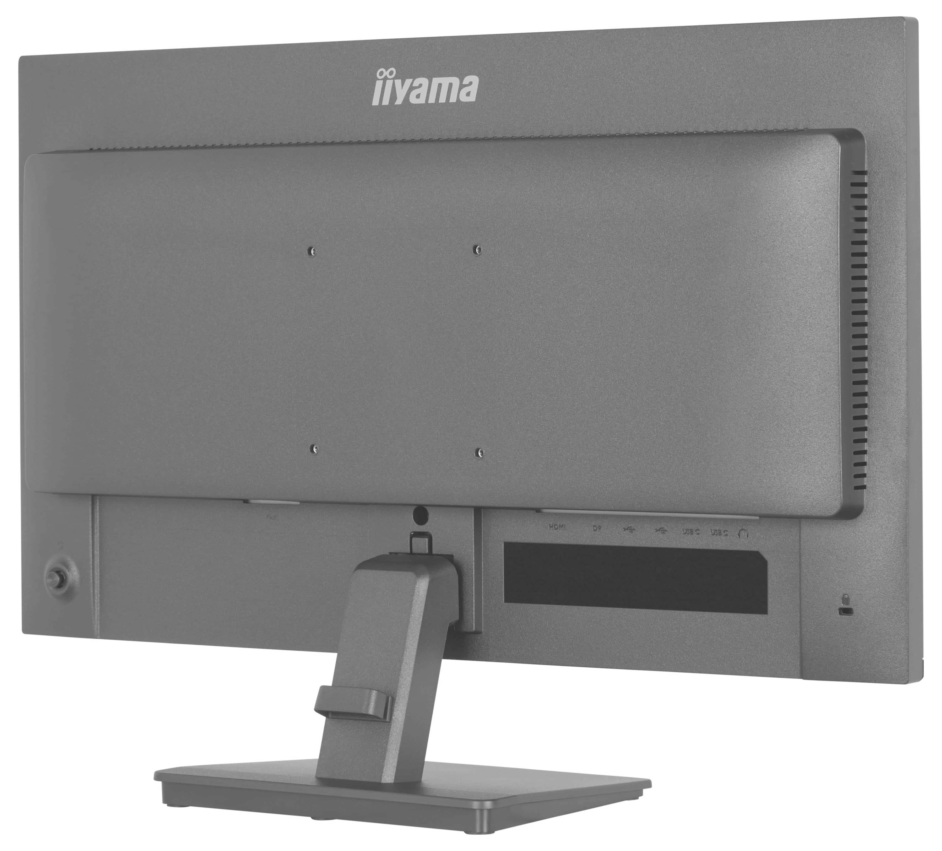 Eine Rückansicht eines grauen Computermonitors mit der Bezeichnung „iiyama
