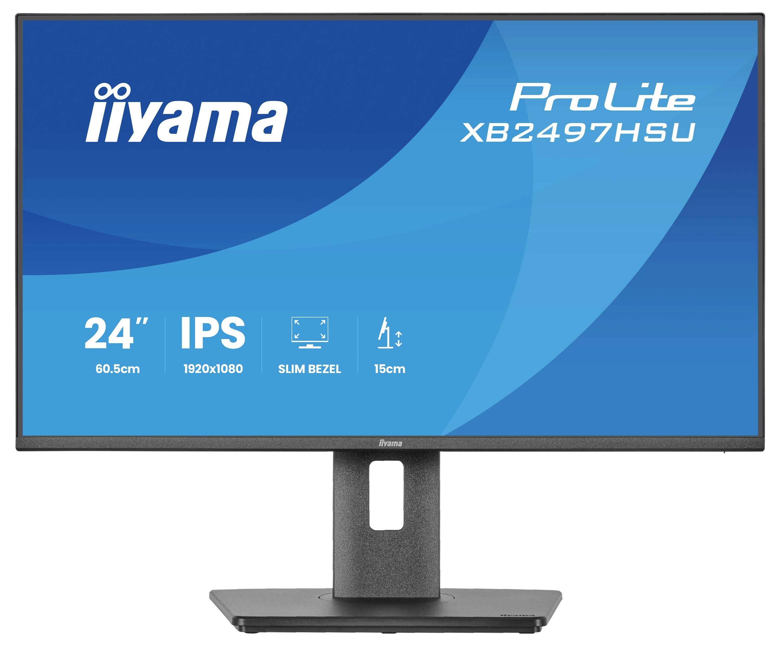 Iiyama ProLite XB2497HSU Monitor, 24 Zoll, IPS-Display, 1920x1080 Auflösung, schlankes Rahmendesign, 15 cm Höhenverstellung.