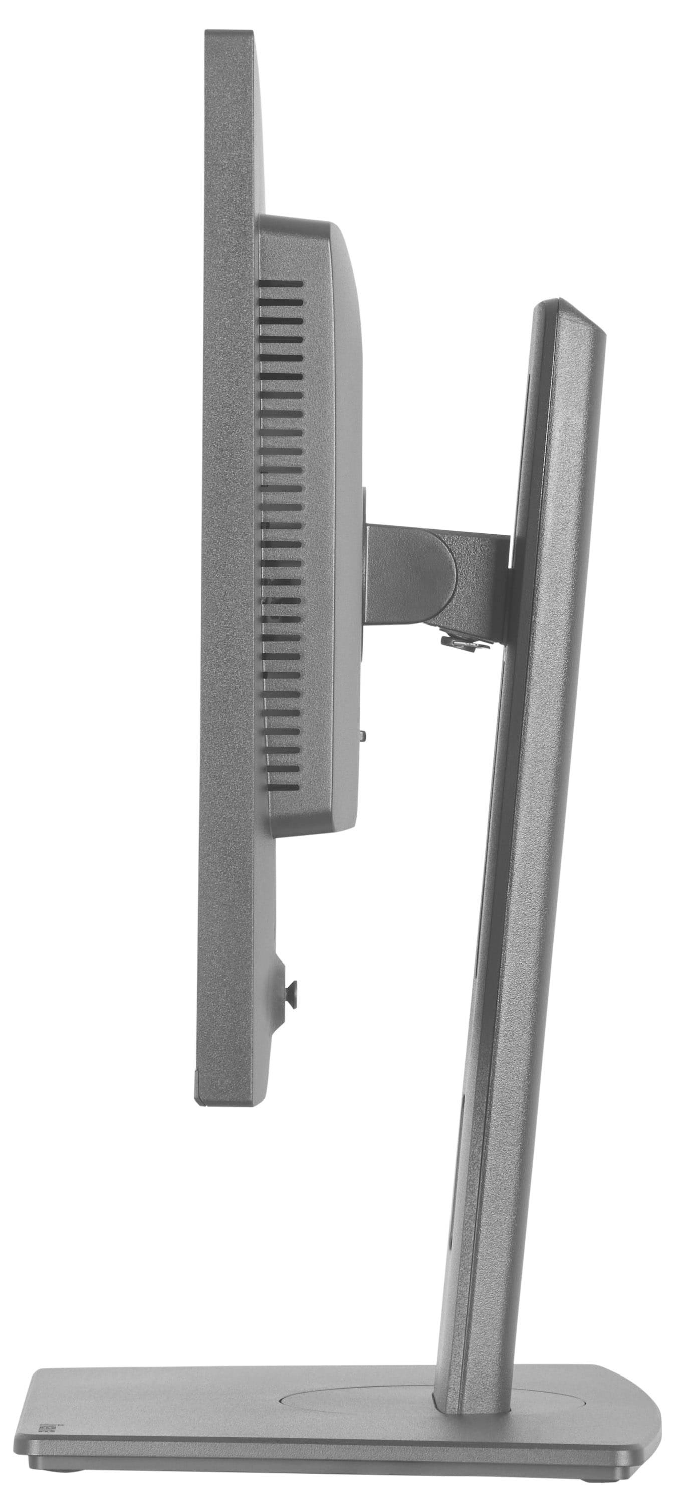 Eine Nahaufnahme eines modernen Displaymonitors, der seine schmale Blende und den bläulich getönten Bildschirm hervorhebt, der leicht nach rechts geneigt ist.