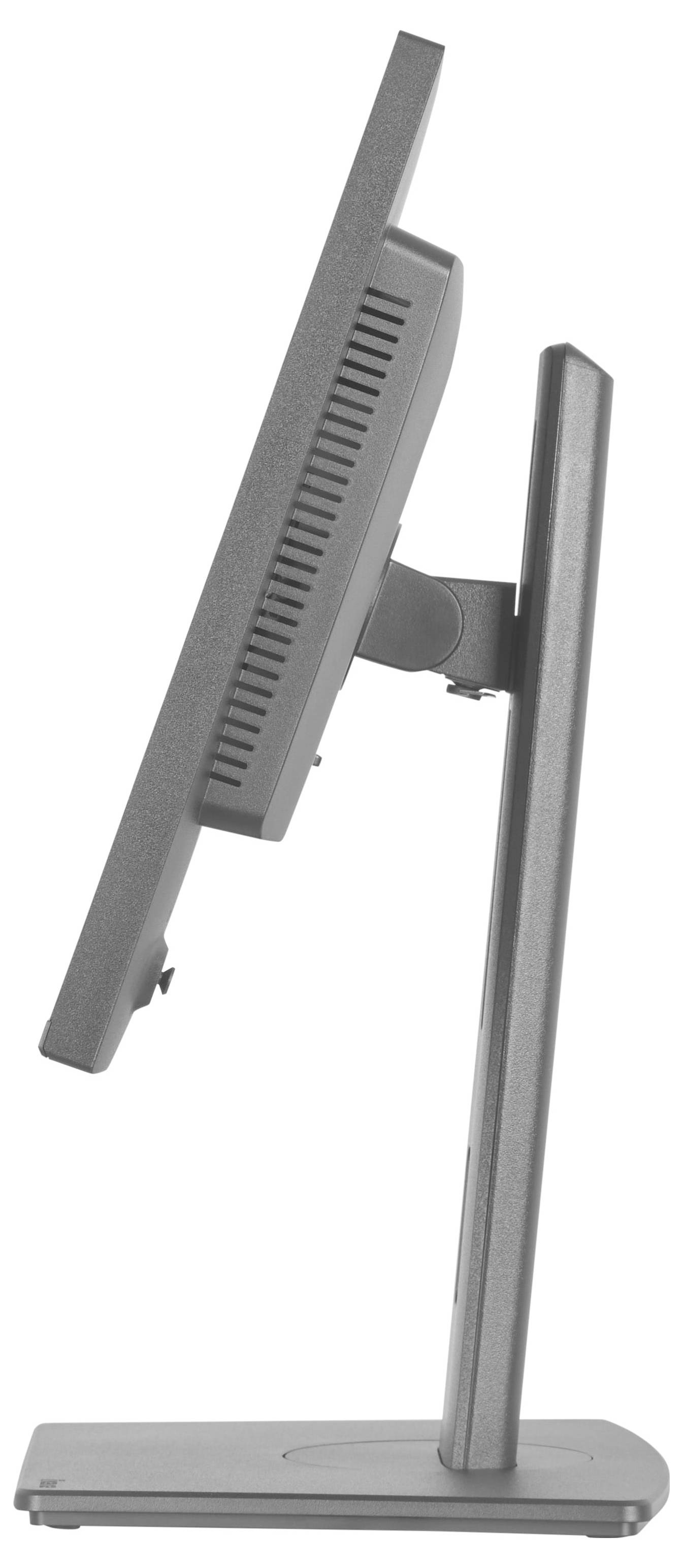 Eine Seitenansicht eines modernen Flachbildschirm-Computermonitors, der auf einem Stand mit schmalem, rechteckigem Design montiert ist.