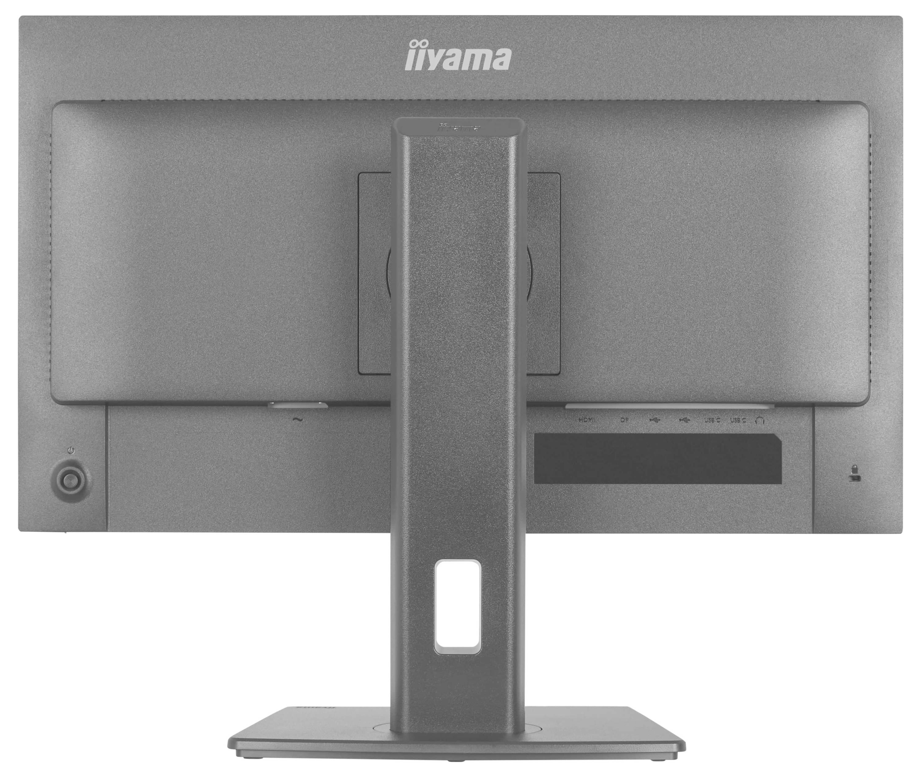 Ein Computermonitor von hinten betrachtet, der den Ständer, die Befestigungshalterung und die Anschlussanschlüsse zeigt.