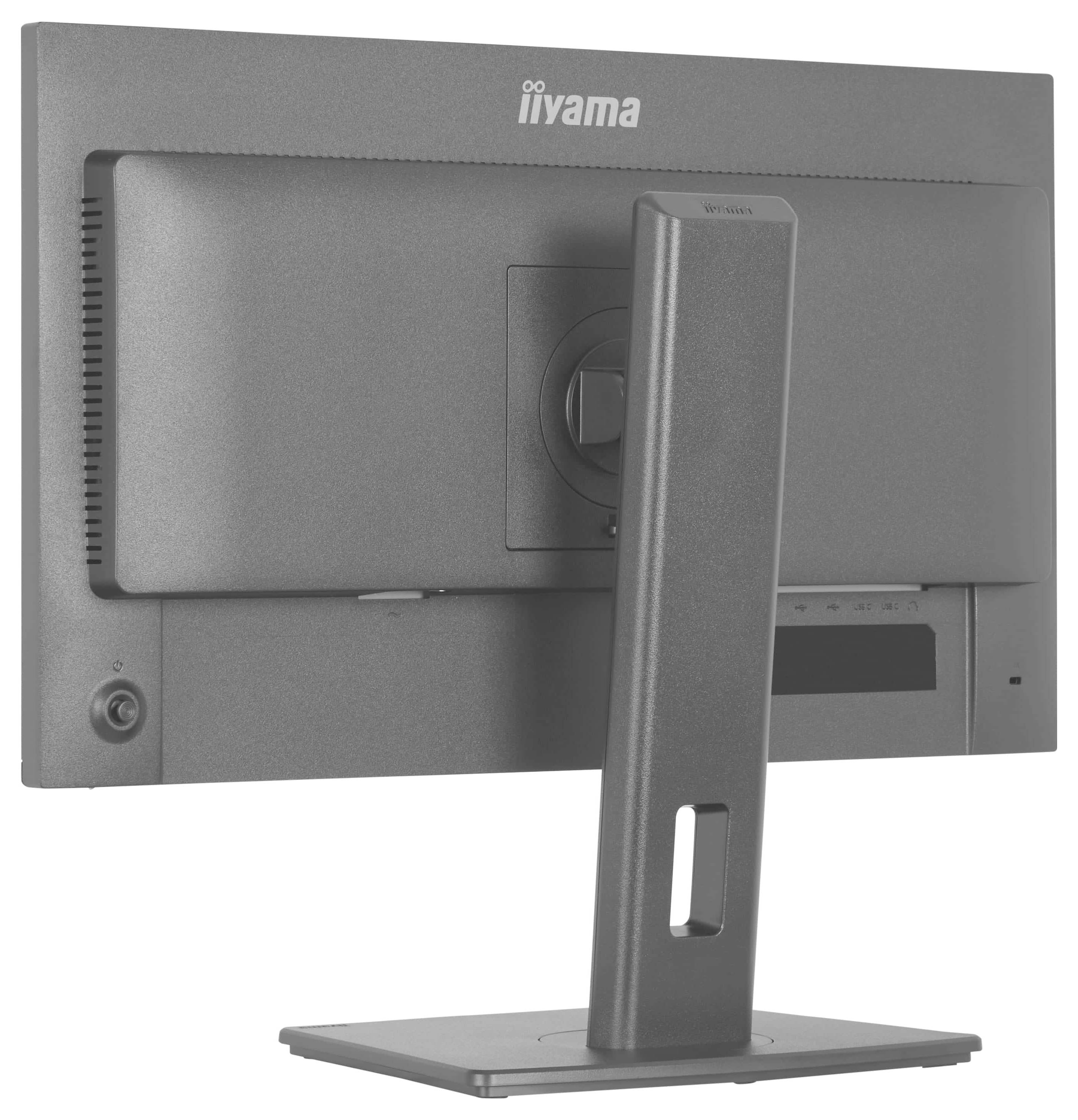 Rückansicht eines grauen Computermonitors auf einem Ständer, der seine höhenverstellbare Funktion zeigt.