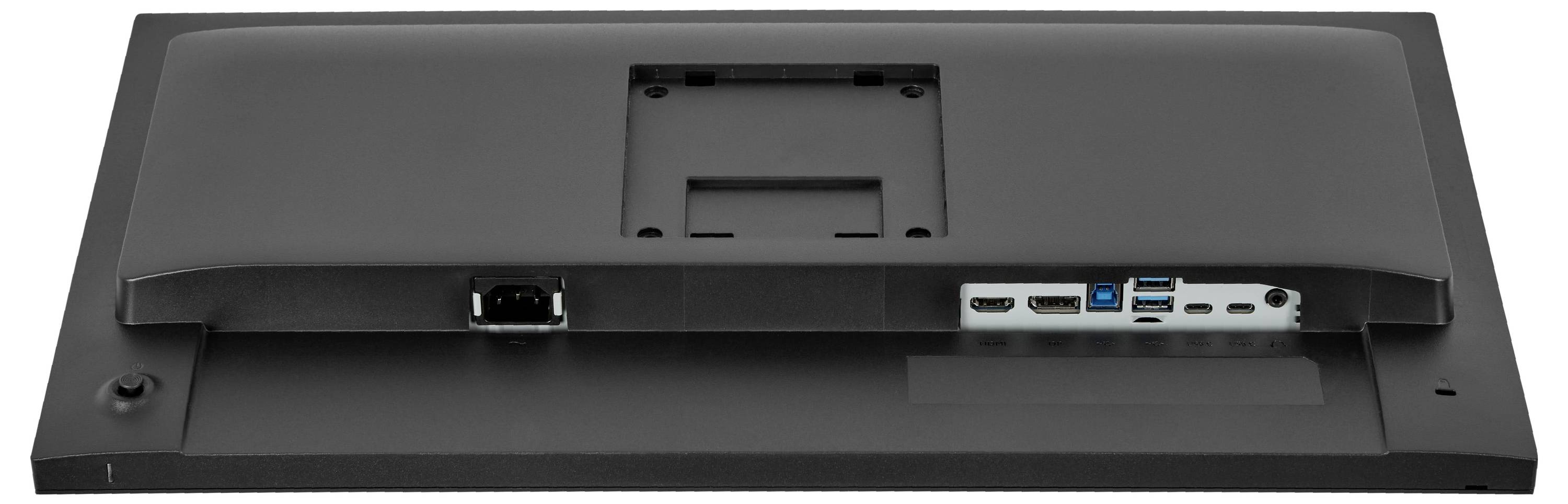 Seitenprofil eines schlanken, silbernen Computermonitors mit dünnem Rahmen auf einem rechteckigen Ständer.