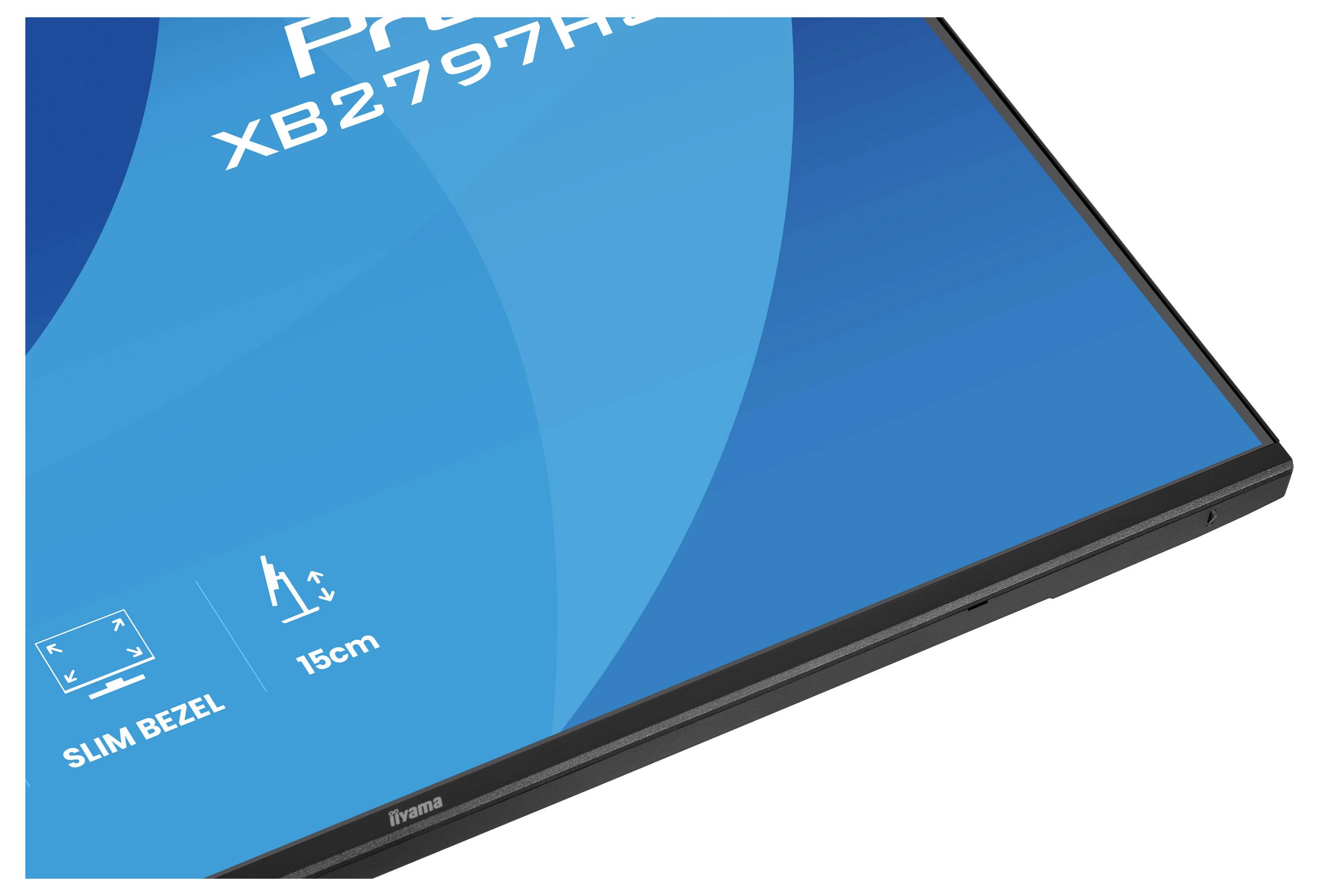 Nahaufnahme einer Monitorecke, die ein dünnes Rahmendesign zeigt. Der Text enthält „SLIM BEZEL