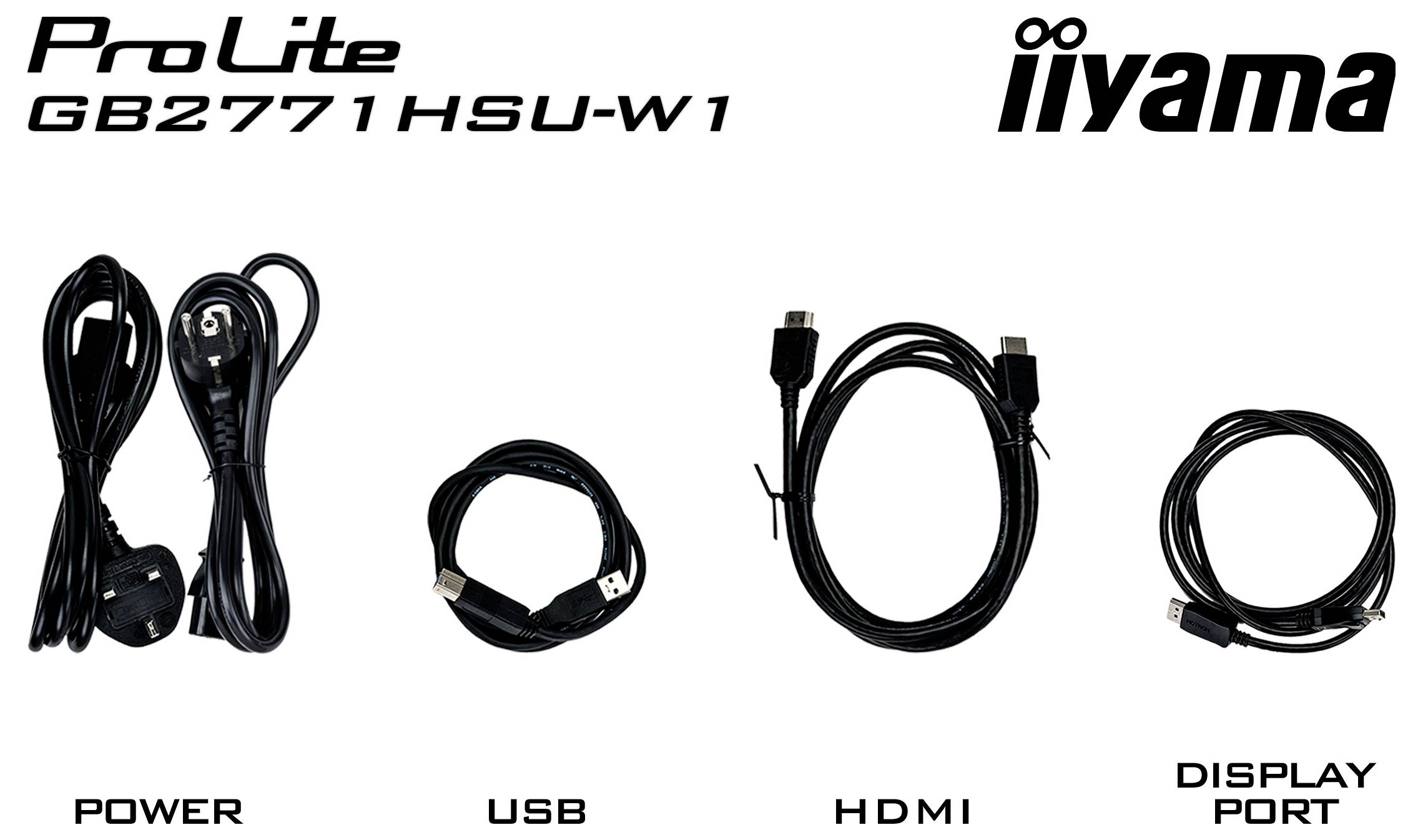 'ProLite GB2771HSU-W1' Monitor-Kabel: Stromversorgung, USB, HDMI und DisplayPort, mit Markenlogo 'iiyama' auf weißem Hintergrund.