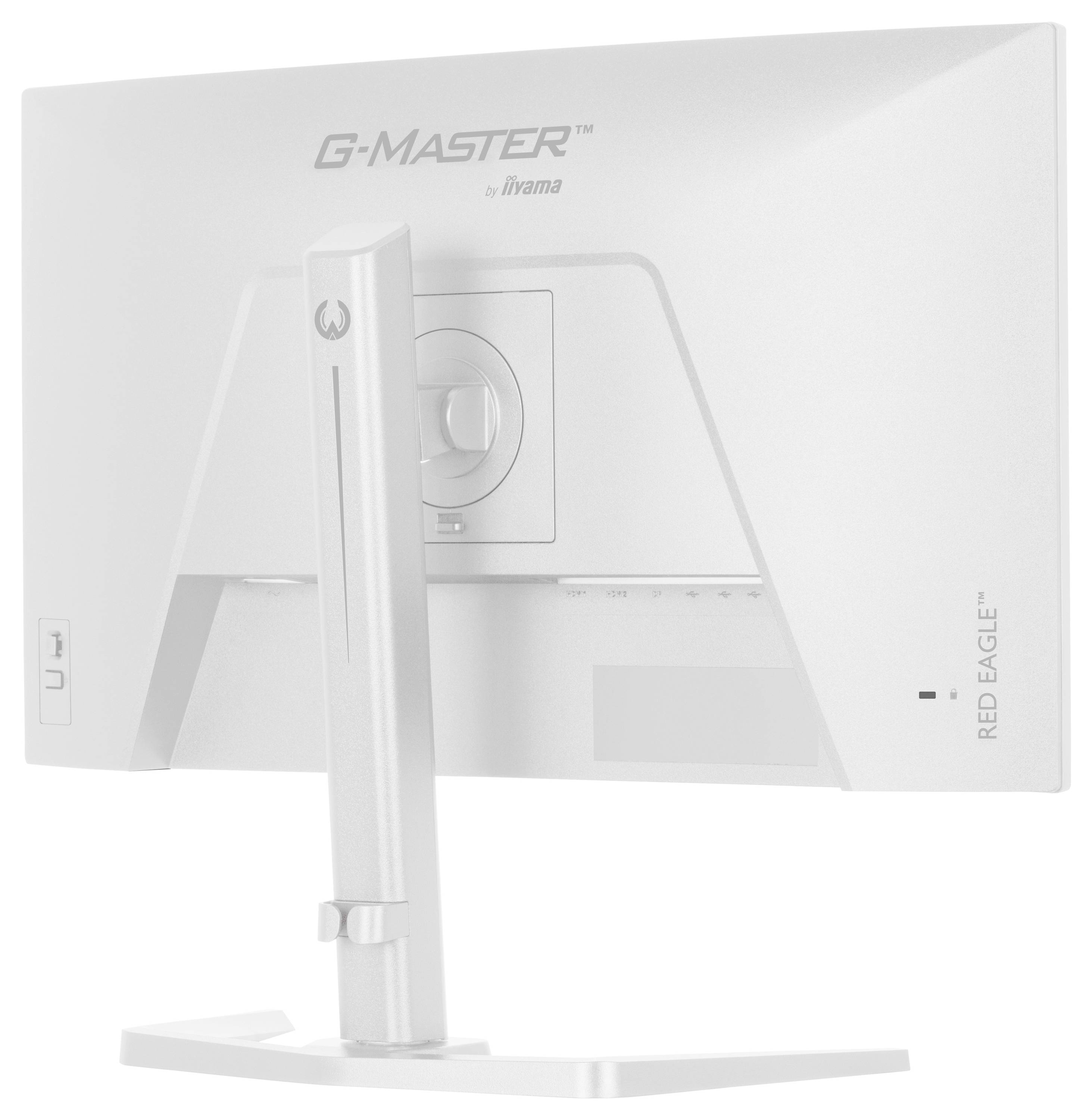 Rückansicht eines weißen G-Master Red Eagle Gaming-Monitors auf einem V-förmigen Ständer, der das Markenlogo und die Konnektivitätsanschlüsse zeigt.