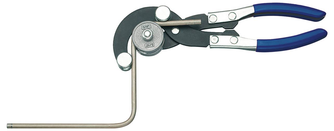 Ein Rohrbiegegerät mit blauen Griffen, das ein gebogenes Metallrohr zeigt, wird zum präzisen Formen von Rohren verwendet.