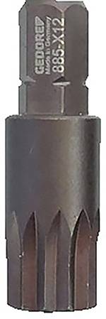 Ein schwarzes Werkzeugbit mit gezahnten Kanten und der Gravur 