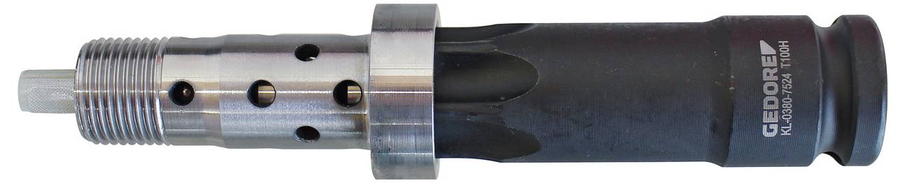 Ein zylindrisches Metallwerkzeug mit Nuten und einem gekennzeichneten Ende, möglicherweise eine Steckdose oder Komponente für mechanische oder Automotivanwendungen.