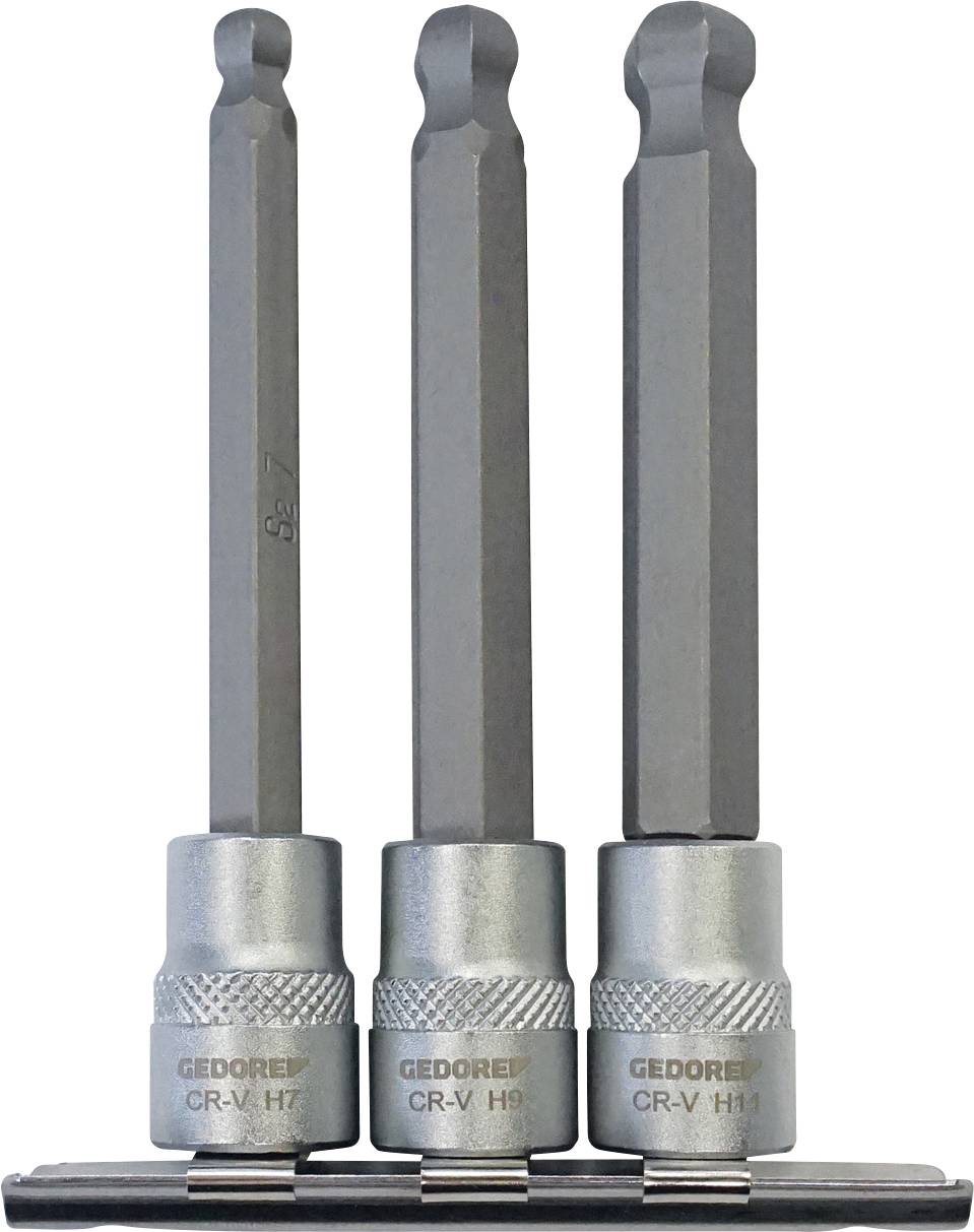 Drei graue sechskant-Steckschlüssel in einem Halter, gekennzeichnet mit 