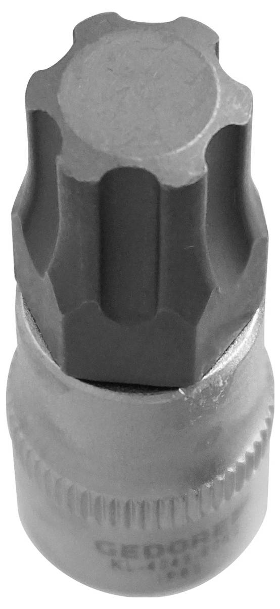 Torx-Antriebsbit mit gerippten Kanten zur Verwendung mit Schraubendrehern, aufrecht in einem Winkel betrachtet.