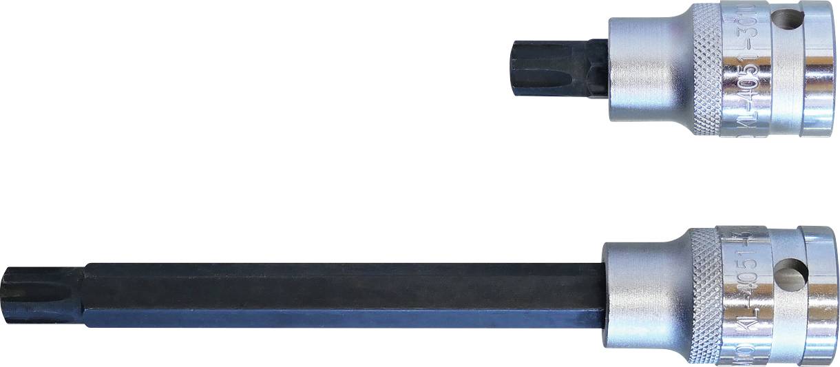 Zwei Torx-Schrauberbits, eines kurz und eines lang, mit Metallaufnahmen zur Verwendung mit einem Bohrer oder Schrauber.