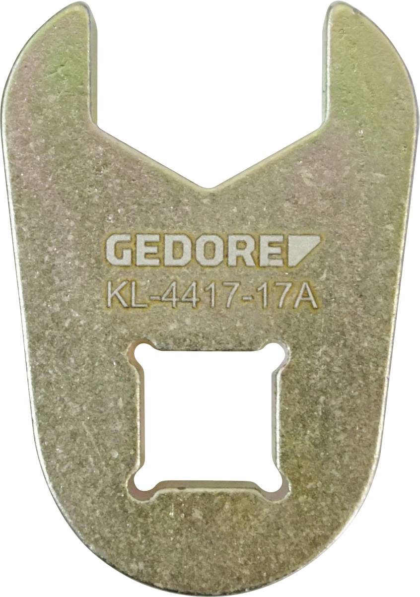 Ein metallischer Schraubenschlüsseladapter mit einem U-förmigen Kopf und einer quadratischen Öffnung an der Basis, auf der Oberfläche mit 