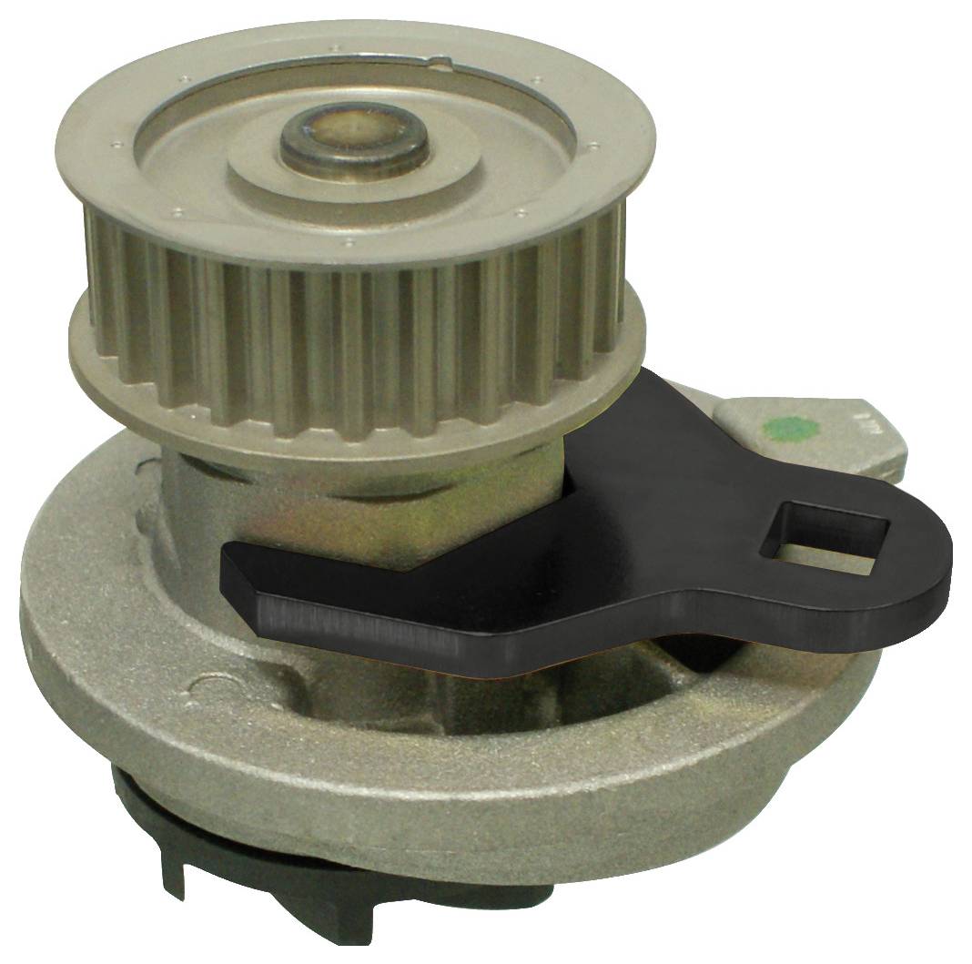 Eine mechanische Komponente mit einer gezahnten Riemenscheibe auf einer Metallbasis mit einer angebrachten schwarzen Halterung, die in Kraftfahrzeug-Riemensystemen verwendet wird.