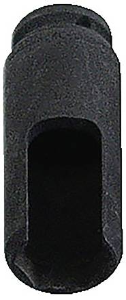 Ein schwarzes, zylindrisches Metallobjekt mit hohlem Zentrum und leicht abgerundeten Enden, möglicherweise ein Bauteil oder eine Armatur.