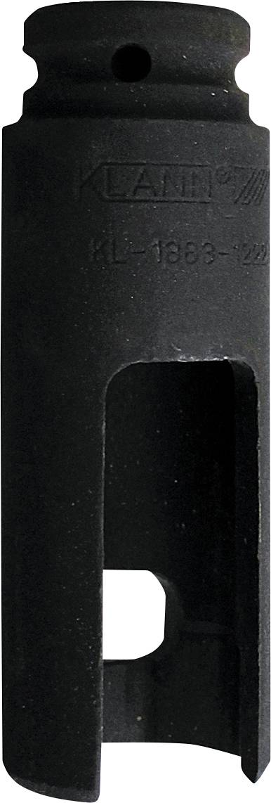 Ein schwarzes, zylindrisches Werkzeug mit einem ausgeschnittenen Bereich, möglicherweise ein Steckschlüssel-Adapter oder eine Befestigung, die für Automobil- oder Mechanikzwecke verwendet wird.