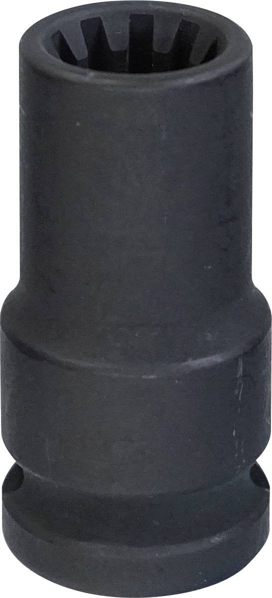 Ein Nahaufnahmebild eines schwarzen, zylindrischen, robusten Steckschlüssels mit strukturierter Griffoberfläche und gerilltem Innenraum, verwendet für die Fahrzeugreparatur.