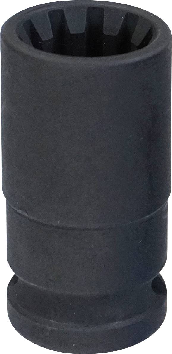 Eine schwarze Schlagschraube mit zylindrischer Form und gerilltem Inneren zur sicheren Befestigung auf Schraubenköpfen, verwendet in der Automobilreparatur.