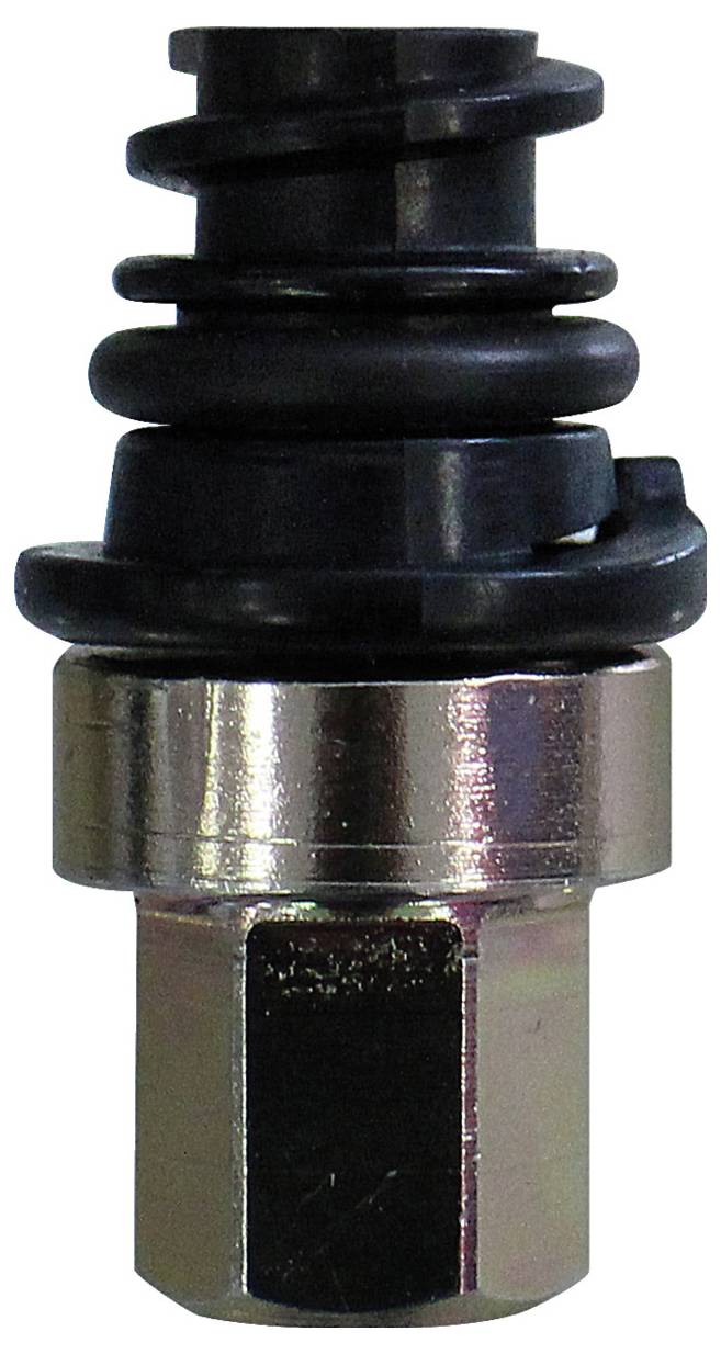 Eine Nahaufnahme eines Metall- und Gummiventilschafts, wahrscheinlich für einen Reifen, die sein detailliertes Gewinde und seine Kappe zeigt.