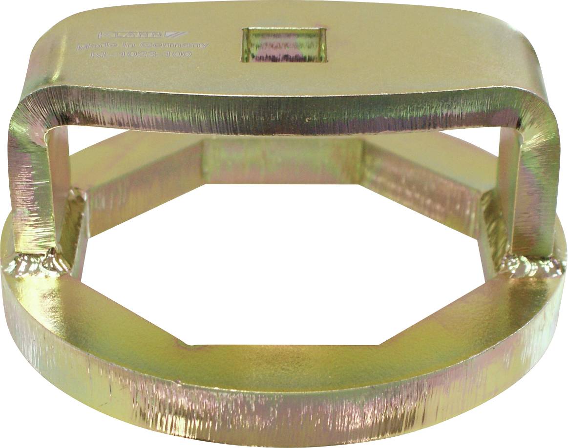 Ein metallisches, sechseckiges Werkzeug mit abgewinkelten Stangen und einem rechteckigen Loch oben, verwendet zum Anpassen oder Entfernen, angezeigt vor weißem Hintergrund.