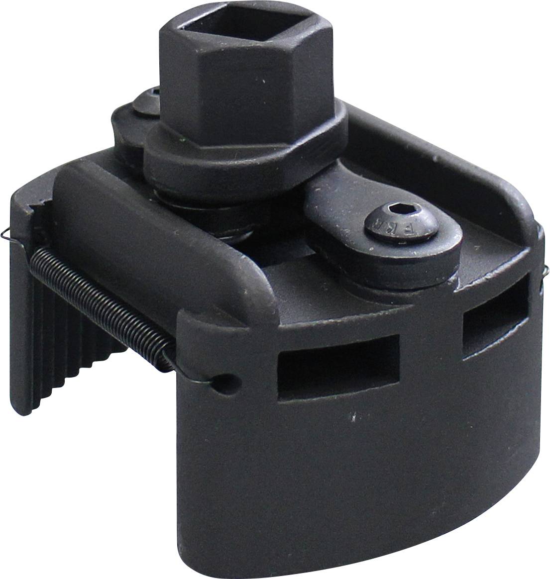 Ein schwarzer, verstellbarer Riemenschlüssel zum Entfernen von Ölfiltern mit einem Vierkantschaft für einen Schraubenschlüssel oder eine Ratsche und einer strukturierten Griffoberfläche.