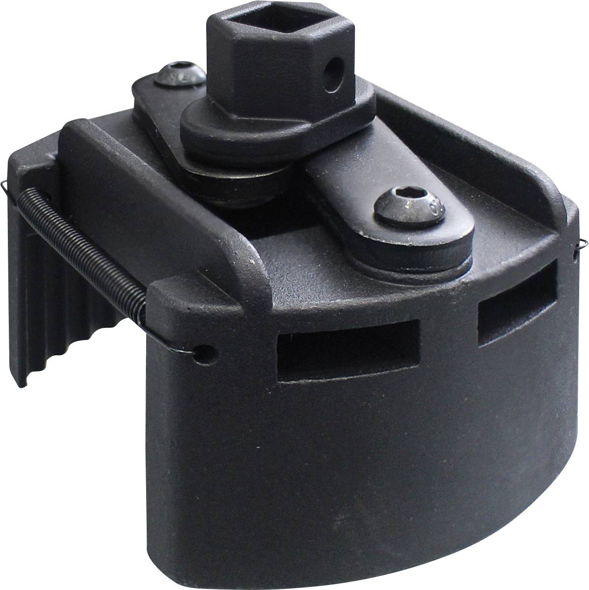 Ein schwarzes, rechteckiges mechanisches Werkzeug mit einer quadratischen Fassung oben und einer gerippten, federbelasteten Klemmvorrichtung an der Seite zum Sichern von Objekten.