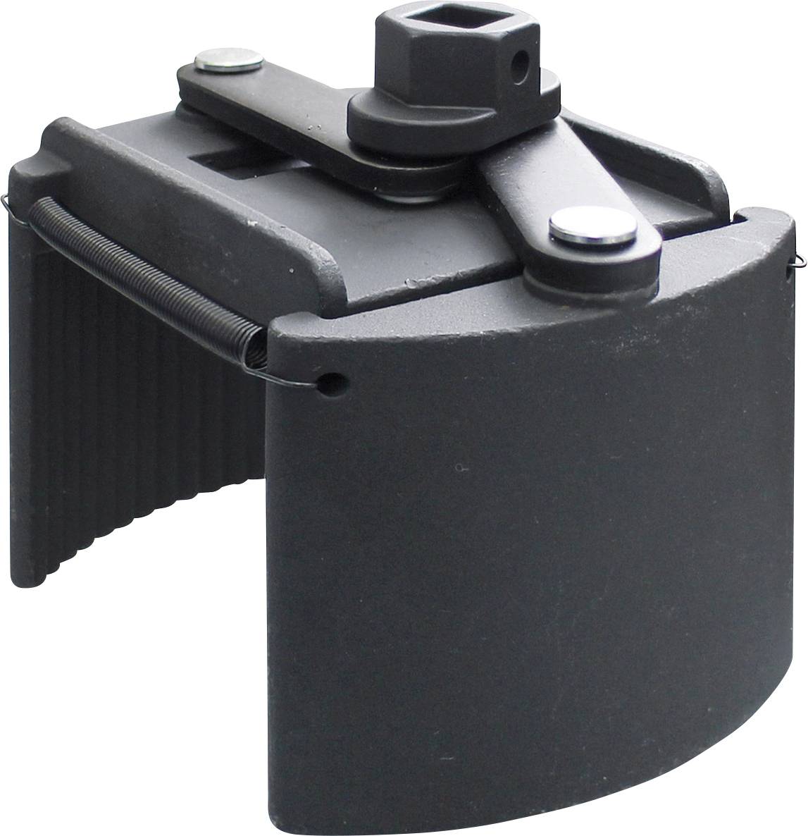 Kompakter, schwarzer Ölfilter-Schlüssel mit verstellbarem Band und Griff zum Greifen und Entfernen von Autöl-Filtern.