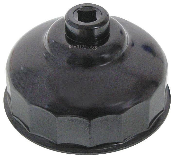 Ein Metall-Ölfilter-Schraubenschlüssel, entwickelt zum Entfernen oder Installieren von Automobil-Ölfiltern, mit einem abgerundeten, sockelartigen Ende zum Greifen.