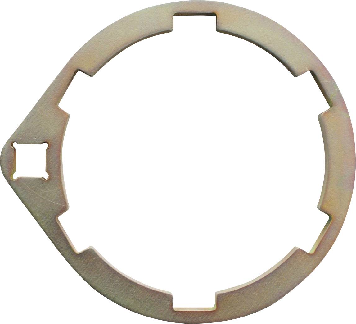 Eine runde Metallbefestigung mit acht Kerben und einer quadratischen Aussparung am Rand.