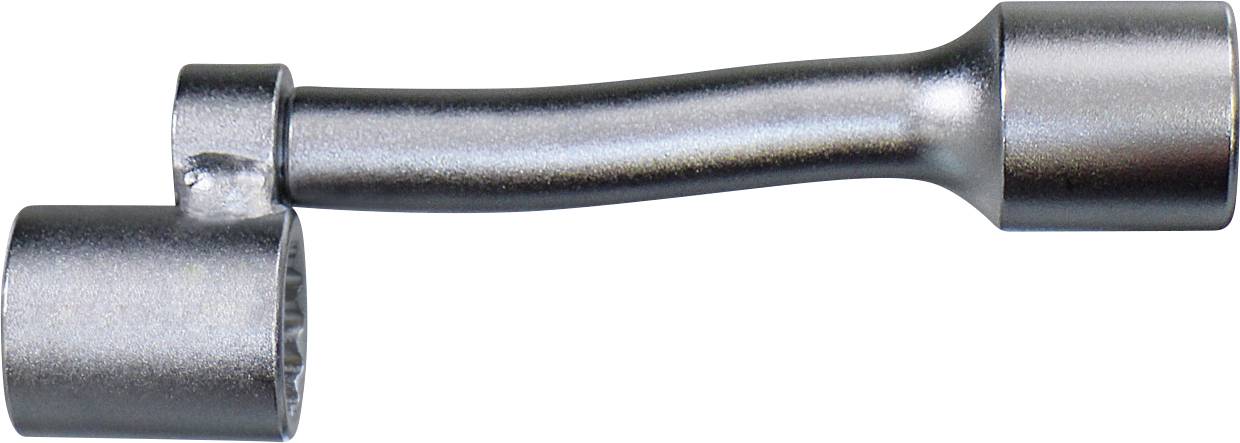Ein metallischer, L-förmiger Steckschlüssel mit zwei unterschiedlich großen Enden, der zum Anziehen oder Lockern von Muttern und Schraubenbolzen verwendet wird.