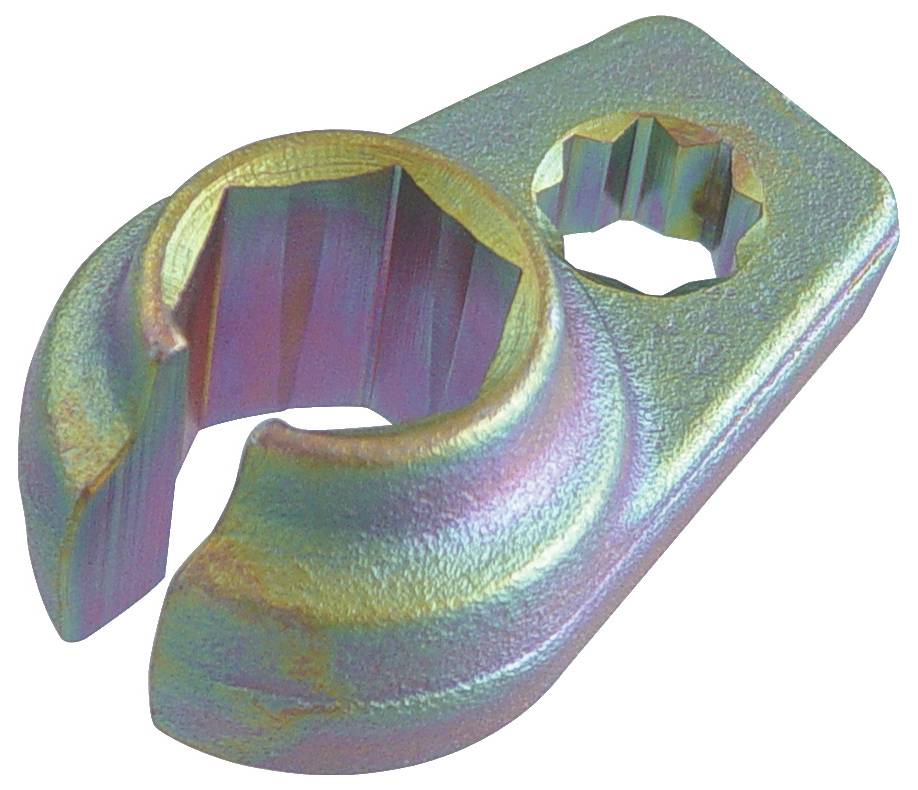 Ein metallischer, regenbogenfarbener Schraubenschlüsseladapter mit zwei unterschiedlich großen sechskantigen Öffnungen, die zum Anschluss von Stecknüssen oder Muttern ausgelegt sind.