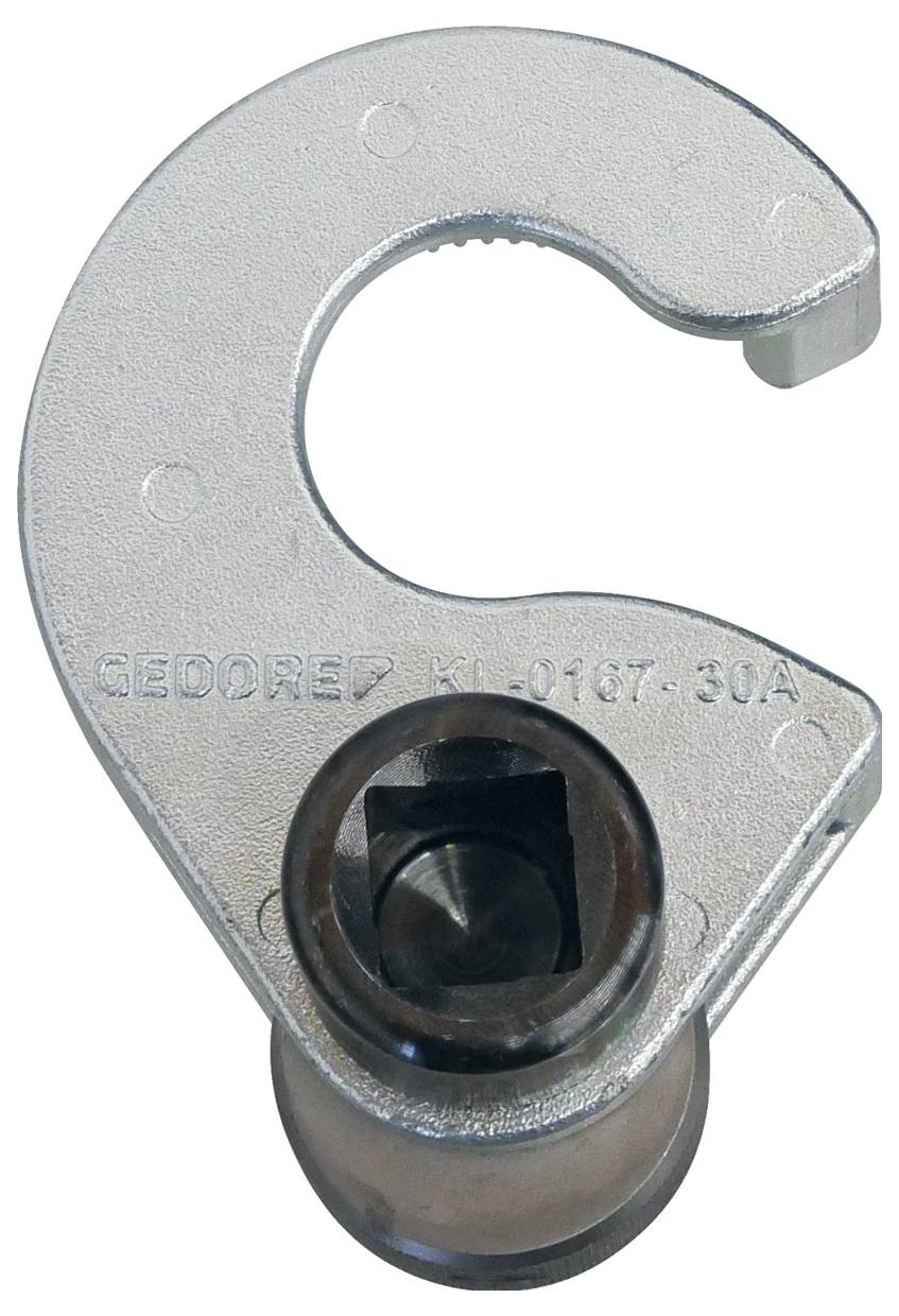 Ein Metallhakenwerkzeug mit vierkantigem Loch, gekennzeichnet mit „GEDORE KL-0167-30A